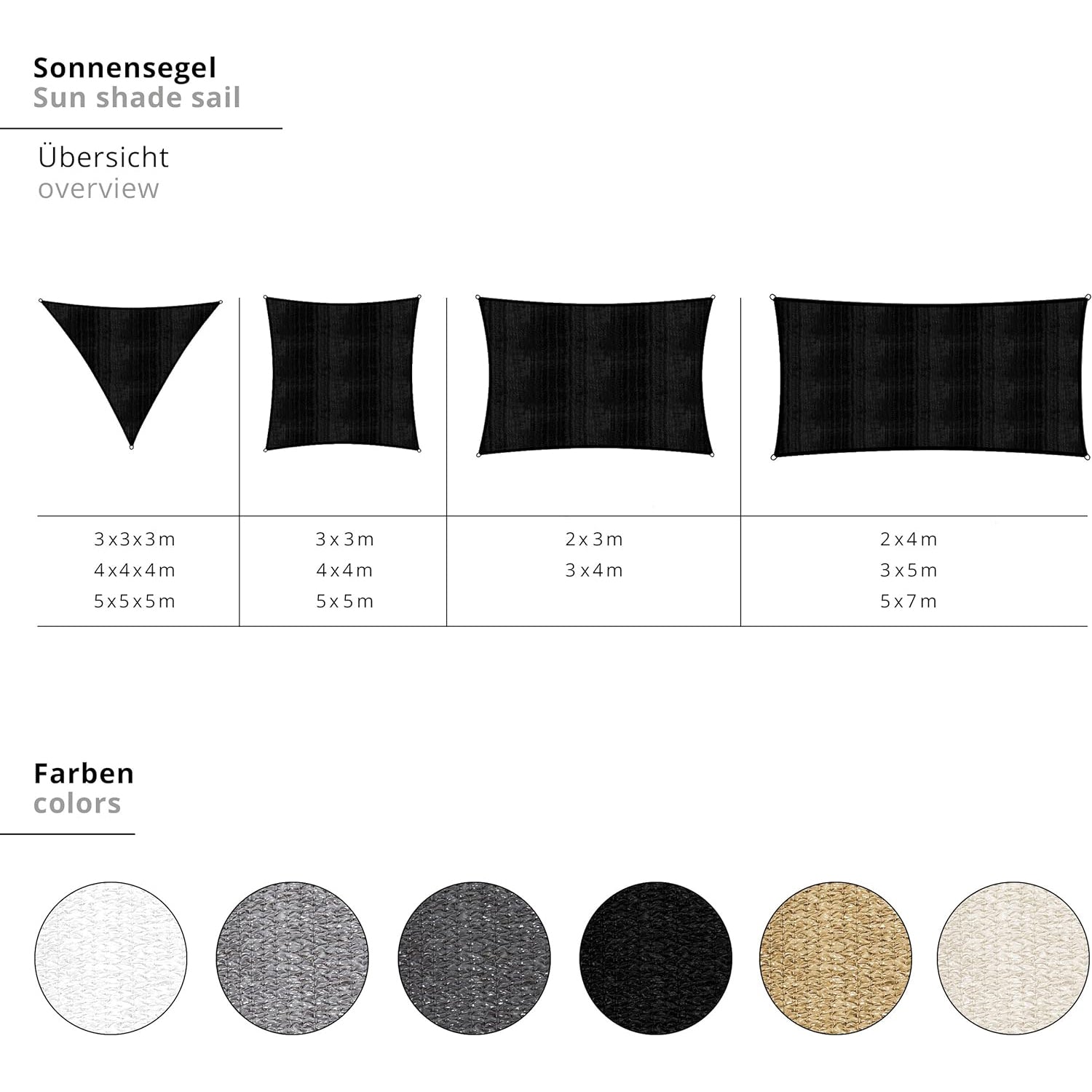 Sonnensegel 100% HDPE mit Stabilisator für UV-Schutz - Rechteck 3 x 4 Meter - Dunkelgrau, robust und reißfest mit UV-Schutzfaktor 30+.