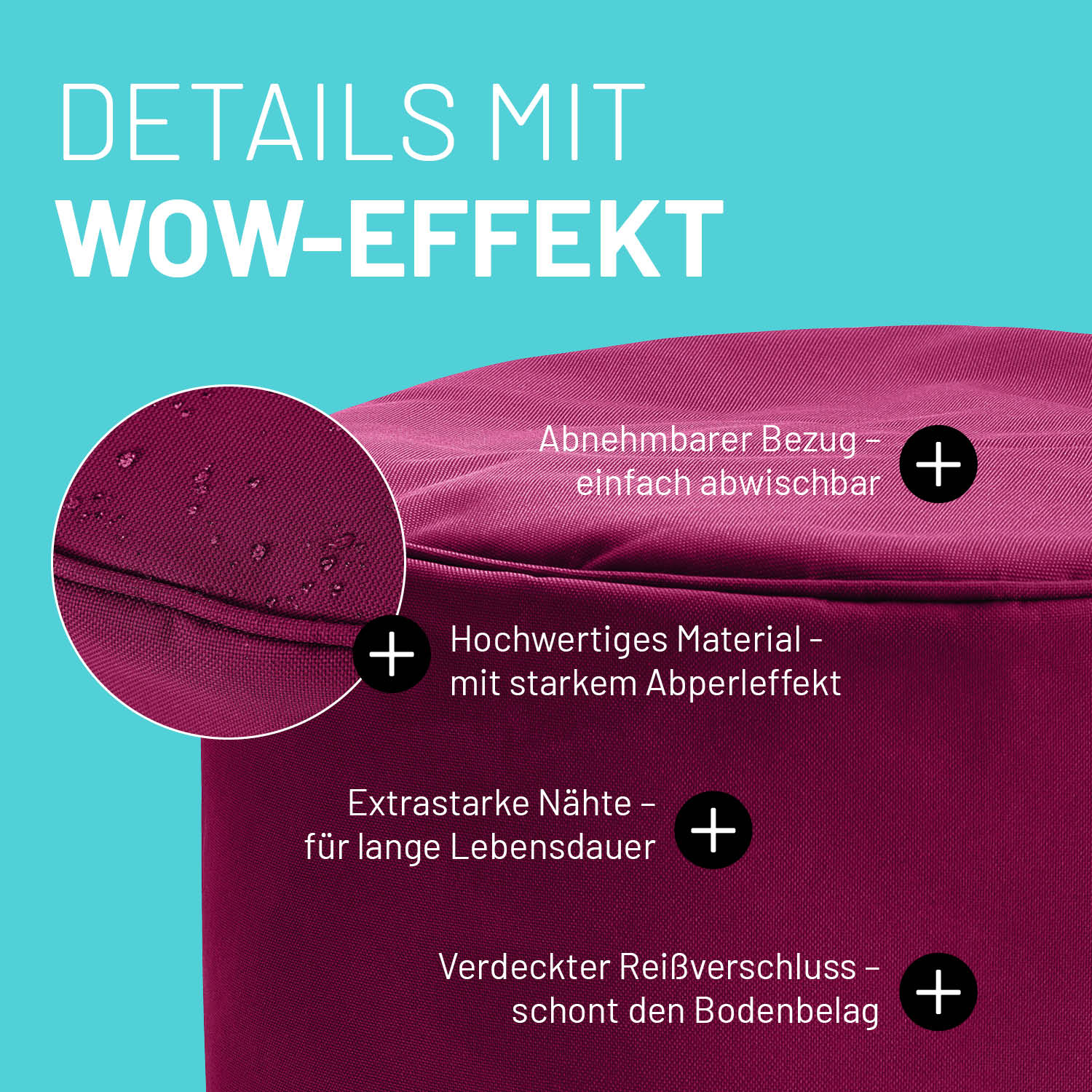 Sitzsack-Hocker/Pouf (50 L) - indoor & outdoor - Rotwein, abnehmbar, abperlend, extrastarke Nähte, verdeckter Reißverschluss, langlebig.