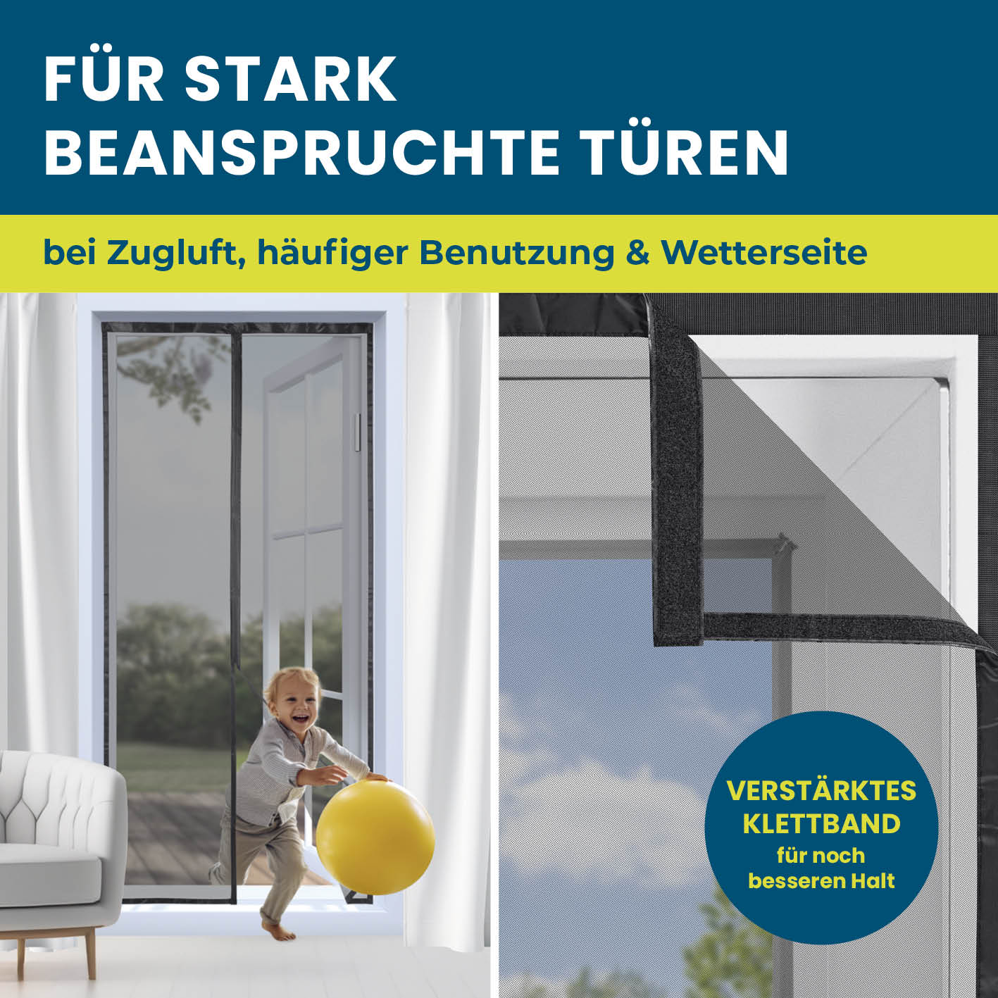 Insektenschutzvorhang - mit XXL-Magnetbändern - 100 x 210 cm, strapazierfähig, luftdurchlässig, verstärkter Klettverschluss für stark beanspruchte Türen.