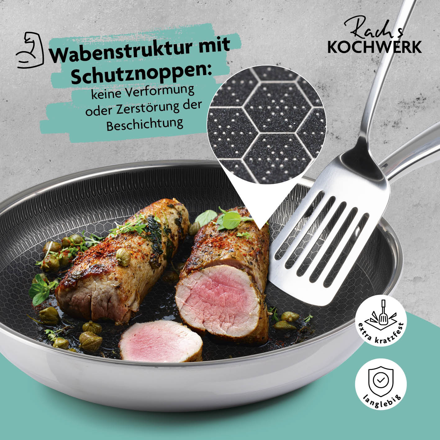 Edelstahl-Pfanne mit Wabenstruktur Ø 28 cm, kratzfest mit Schutznoppen für fettarmes Braten auf allen Herdarten.