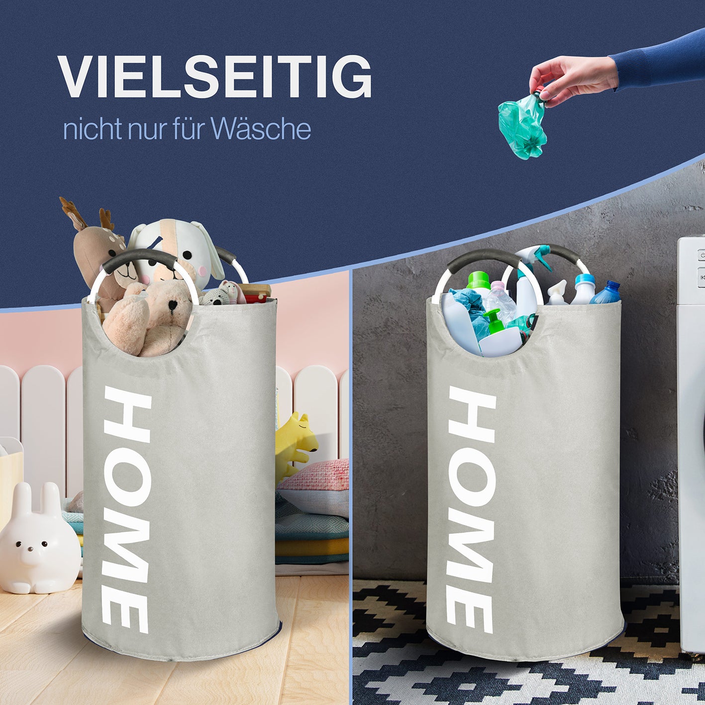 Faltbarer Wäschekorb - Hellgrau - 82 Liter, vielseitig nutzbar als Wäsche- oder Aufbewahrungskorb mit robusten Henkeln.