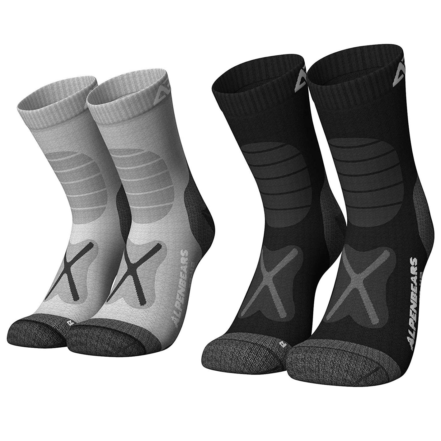Wandersocken Merinowolle 2er-Set in Grau-Schwarz, Größe 43-38, atmungsaktiv, gepolstert und blasenfrei für Wandertouren.