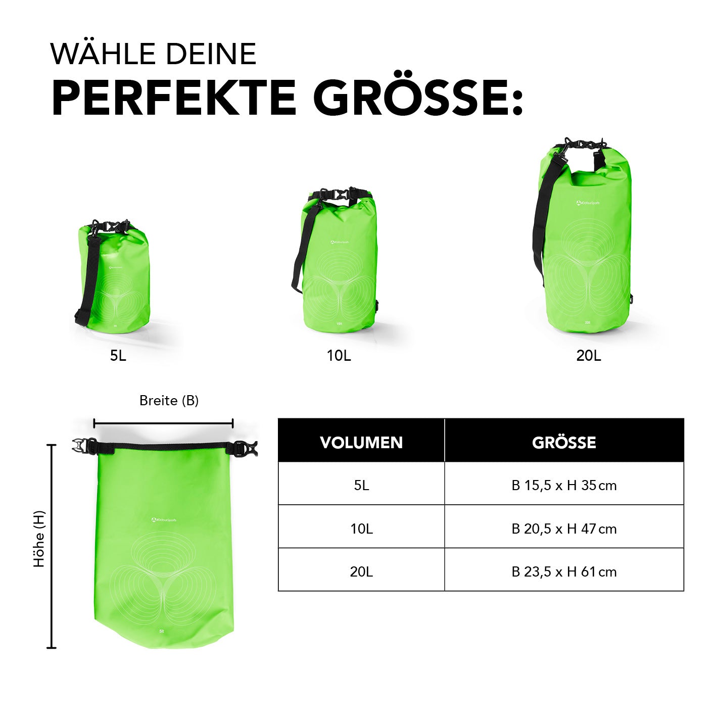 Dry Bag 10L - Grün, wasserdichter Outdoor-Rucksack mit verstellbarem Schultergurt und robustem Rolltop-Verschluss.