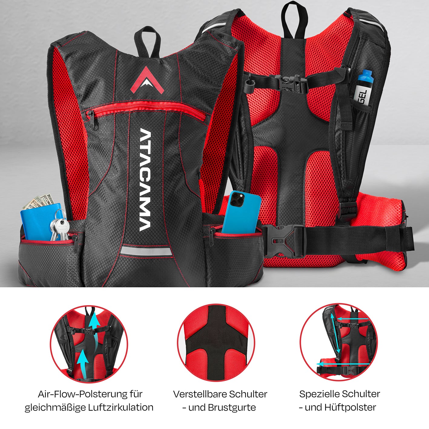Trinkrucksack für 2 L Trinkblase - Rot mit Air-Flow-Polsterung, verstellbaren Gurten und reflektierenden Elementen für Sport und Outdoor.