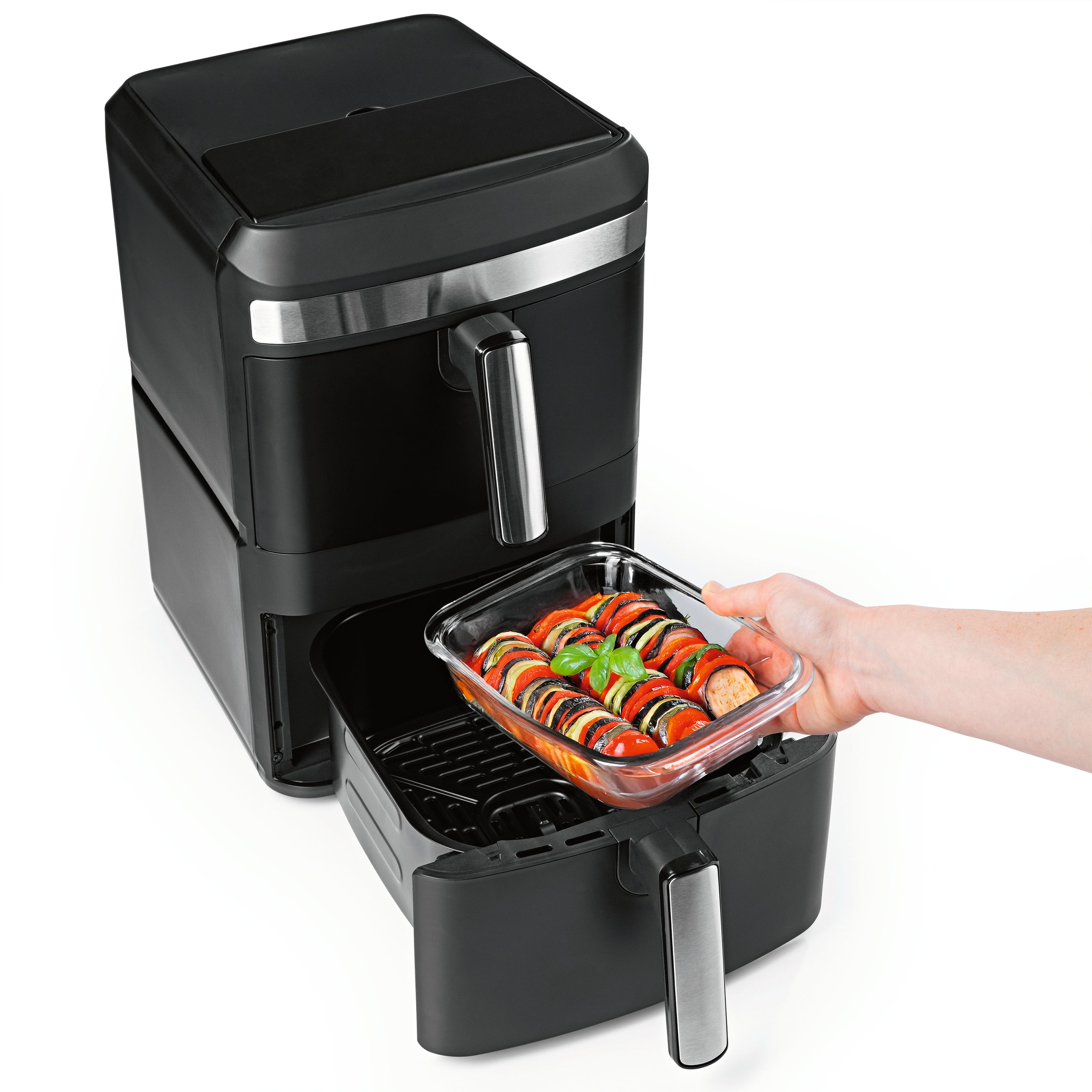 Glas-Auflaufform für Heißluftfritteuse & Backofen - 23 x 15 x 4,5 cm - 800 ml mit buntem Gemüse in Heißluftfritteuse.