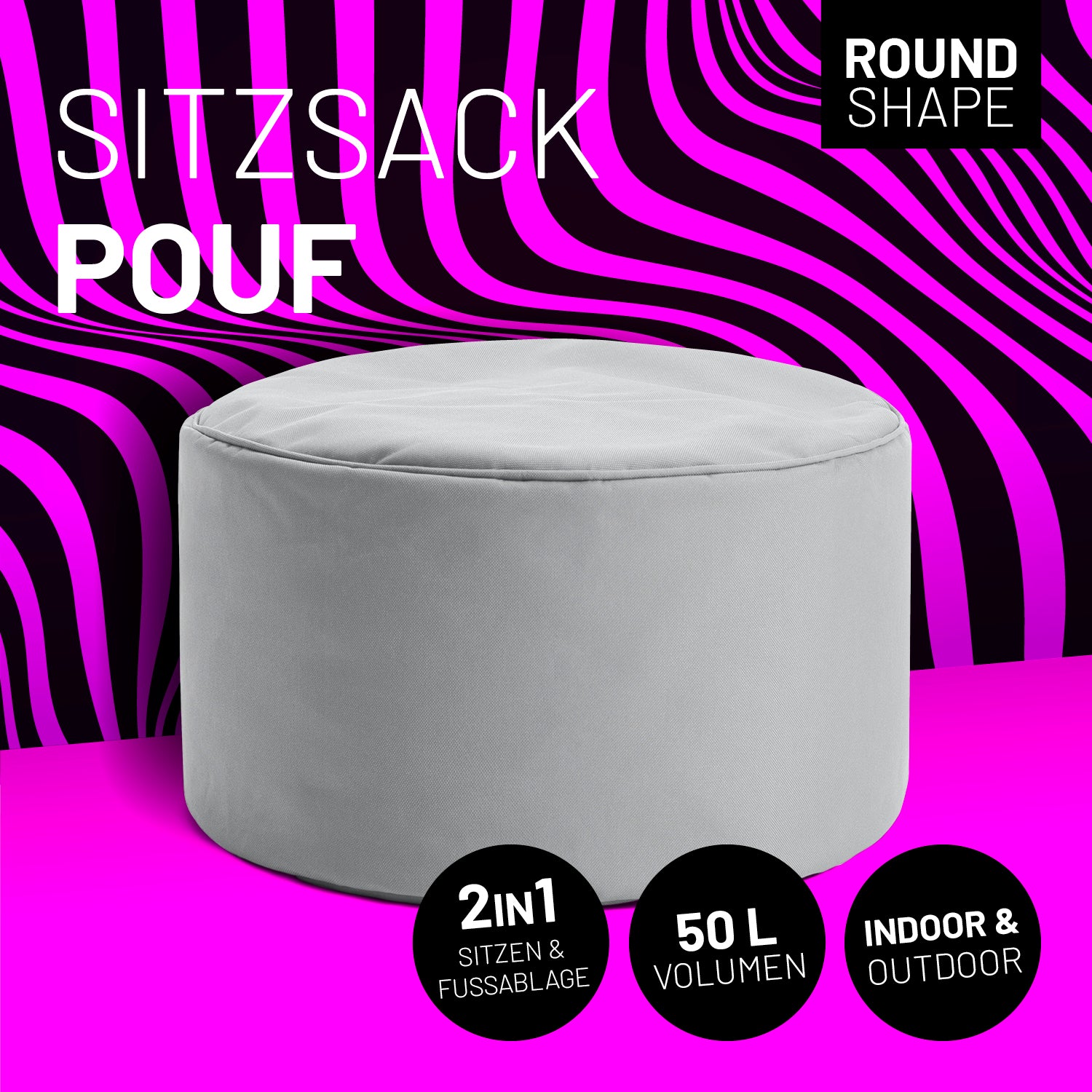 Sitzsack-Hocker/Pouf (50 L) - indoor & outdoor - Silbergrau, rund, leicht, robust, vielseitig nutzbar als Sitzhocker oder Fußschemel.