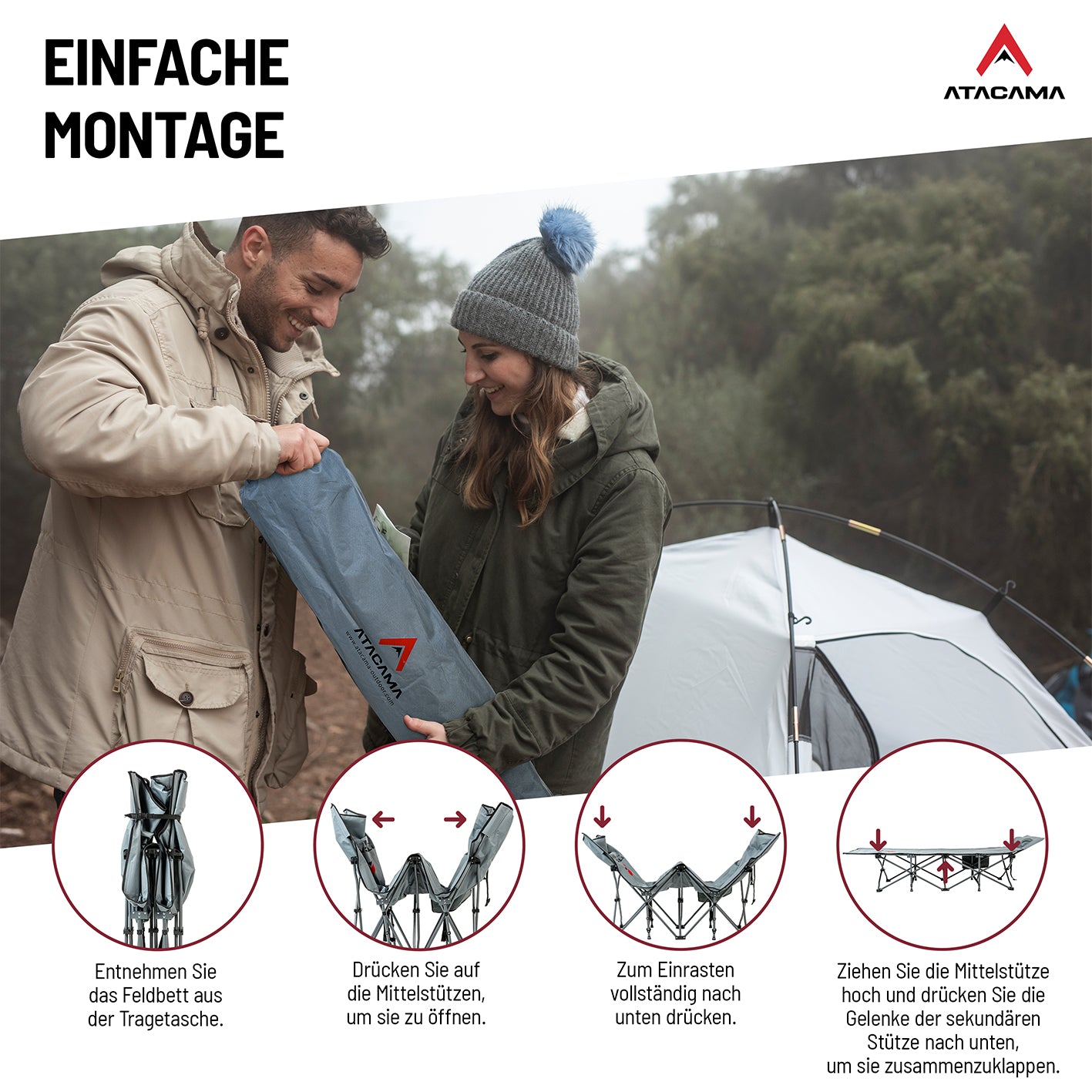 Campingbett mit Matratze - 190 x 68 x 38 cm, klappbar und leicht montierbar, ideal für Camping und Outdoor mit Tragetasche.