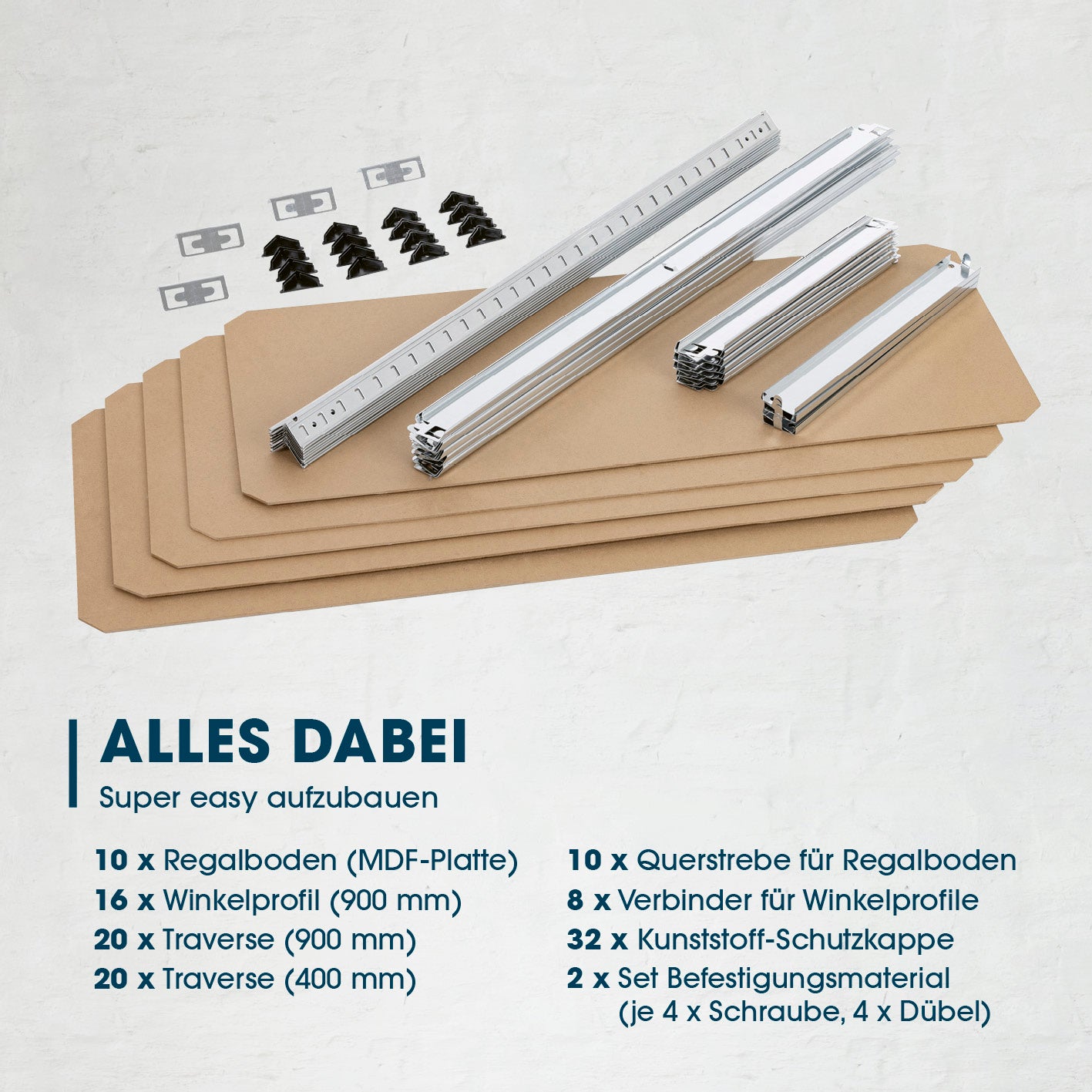 Schwerlastregal & Werkbank mit GS, Set mit MDF-Böden, Winkelprofilen und Kunststoffkappen, einfache Montage, bis 175 kg Belastung je Boden.