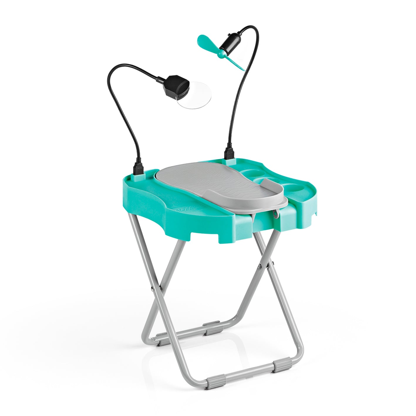 Fußstütze Pediküre Salon Step - mint/weiß mit 5-fach verstellbarer Fußablage, LED-Lupe, USB-Lüfter und Ablagefläche.