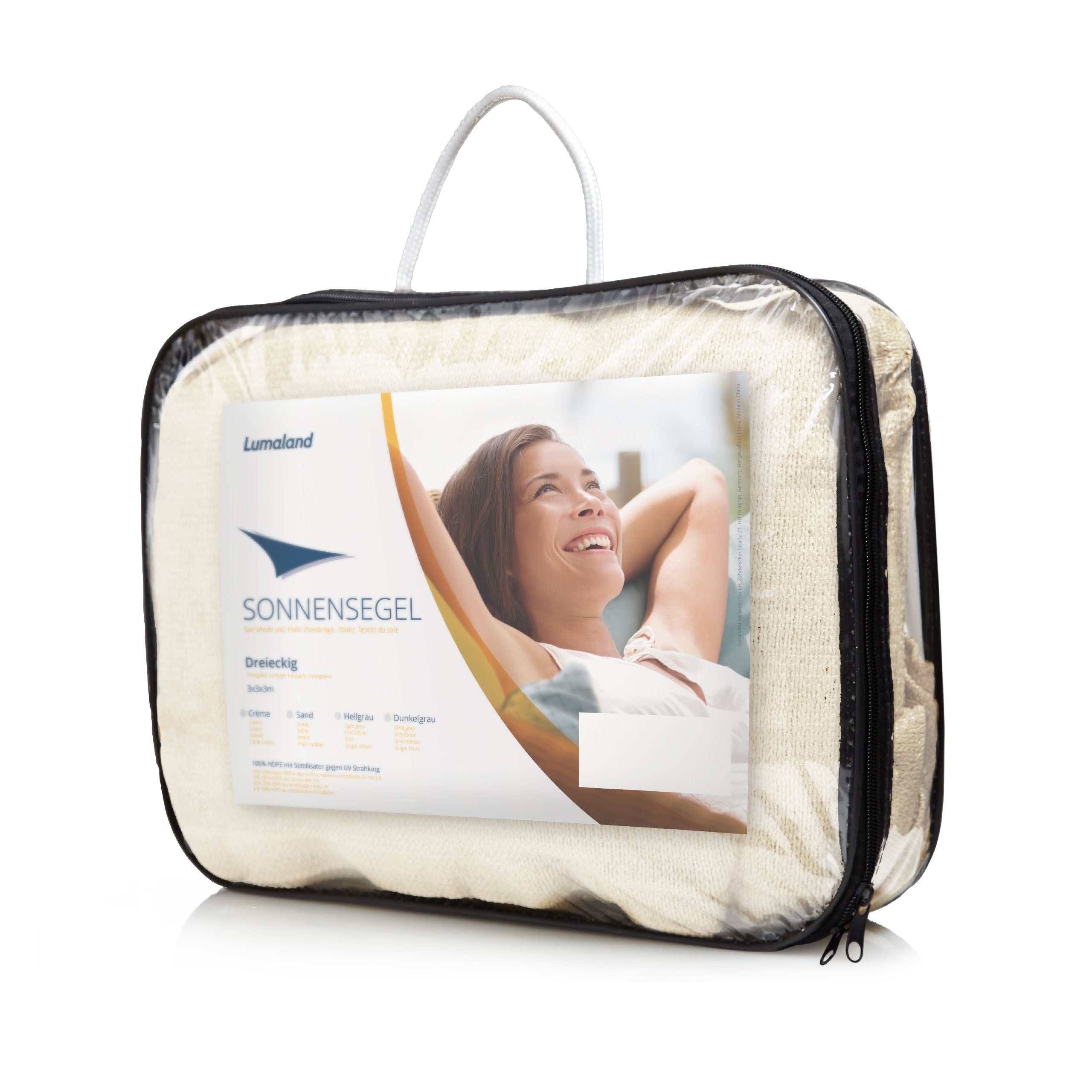 Sonnensegel 100% HDPE mit Stabilisator für UV-Schutz, Dreieck 5x5x5 Meter, cremefarben verpackt in Tasche mit Tragegriff