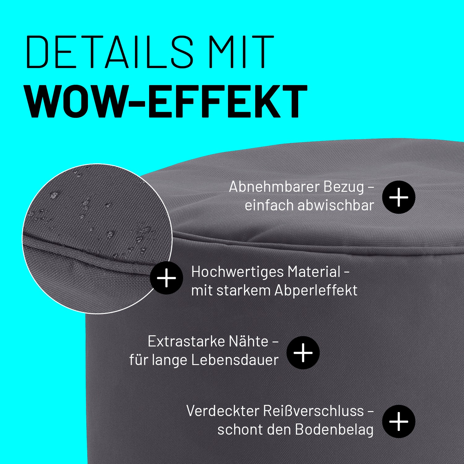 Sitzsack-Hocker/Pouf (50 L) Anthrazit mit abnehmbarem Bezug, starkem Abperleffekt, extrastarken Nähten und verdecktem Reißverschluss.