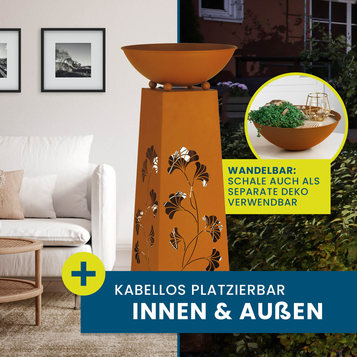 LED Pflanzsäule in Rost-Optik mit Gingkoblätter-Design, abnehmbarer Pflanzschale und batteriebetriebener LED-Beleuchtung für Innen und Außen.
