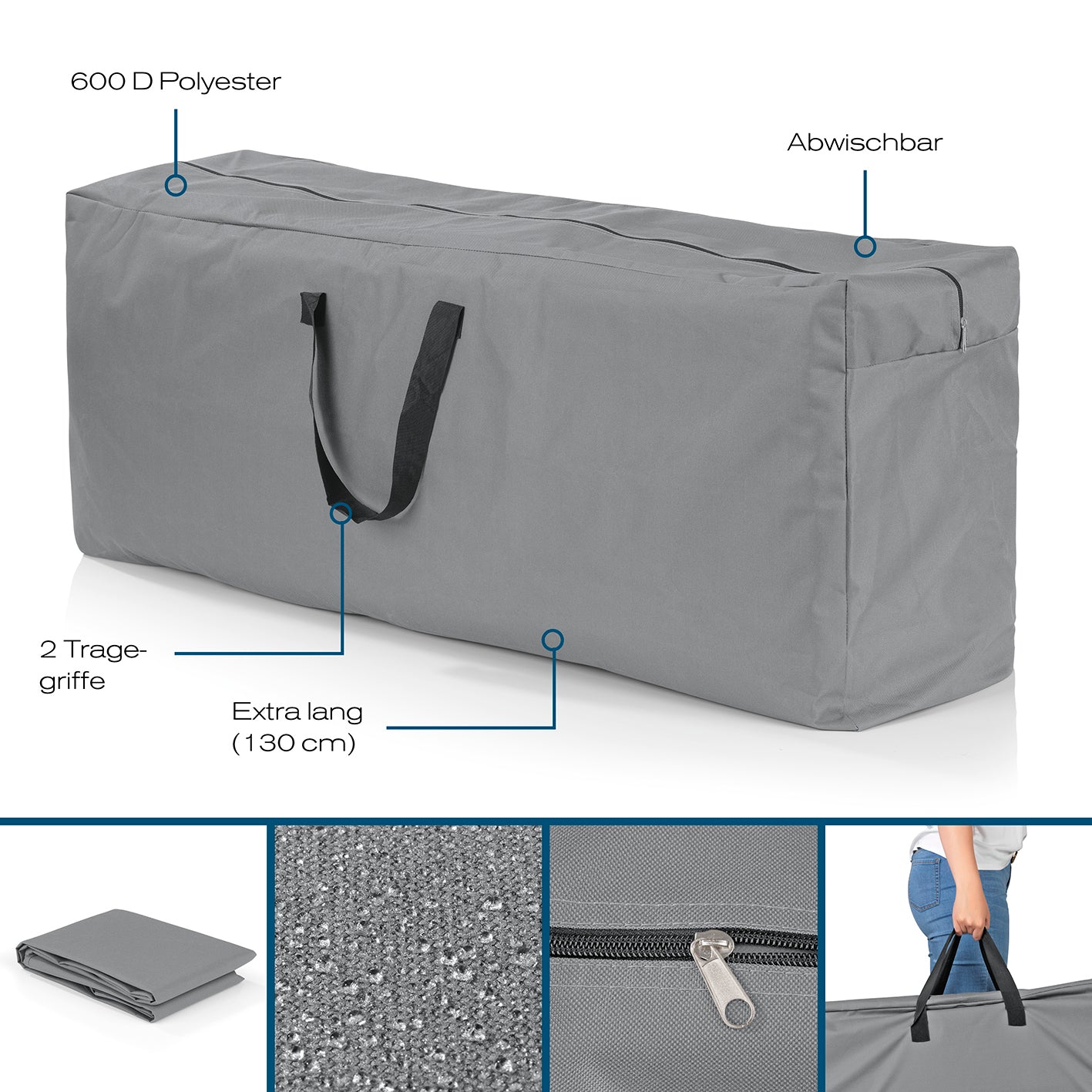 Polster-Aufbewahrungstasche - 130 x 50 x 32 cm aus robustem, abwischbarem 600D Polyester mit Reißverschluss und 2 Tragegriffen.