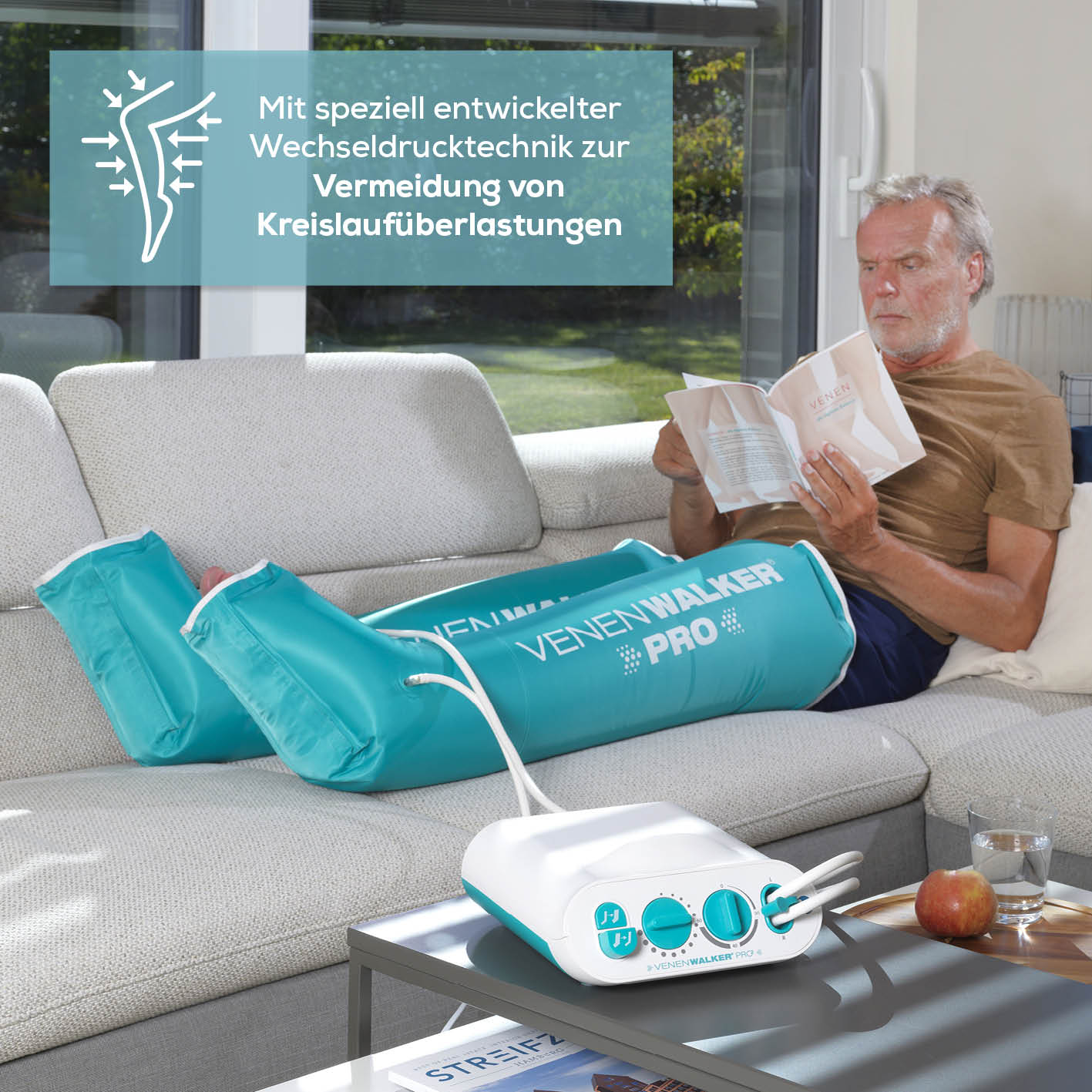 Therapiegerät VenenWalker Pro2 mit Wechseldrucktechnik zur Entstauung der Beine und Verbesserung des venösen Rückstroms.