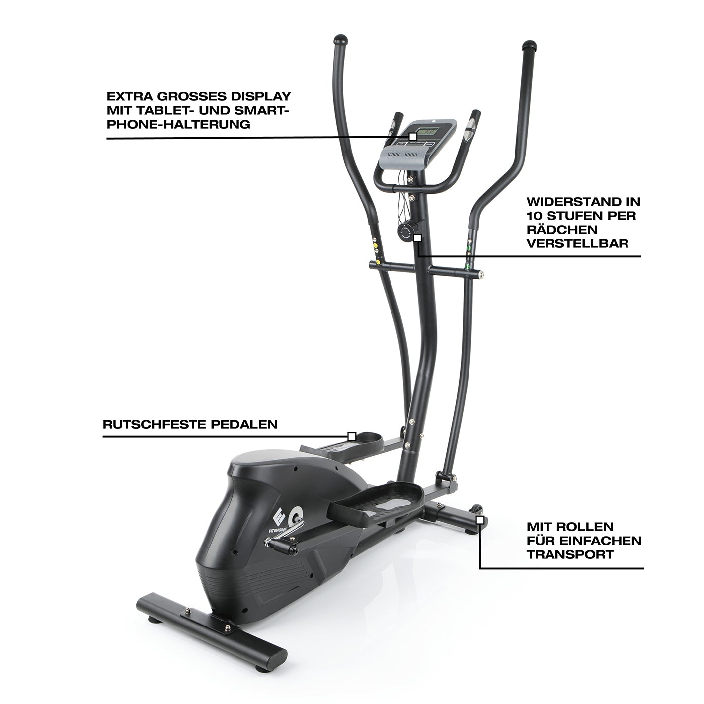 Crosstrainer - belastbar bis 150 kg mit 10 Schwierigkeitsstufen, großem Display, rutschfesten Pedalen und Pulssensoren.