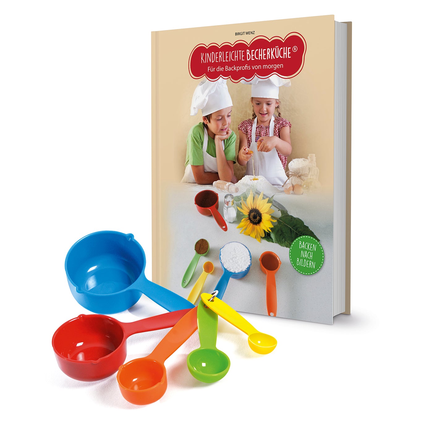 Rezeptbuch inkl. Messbecher-Set Band 1 mit 15 kinderfreundlichen Backrezepten und farbigen Messbechern zum Abmessen der Zutaten.
