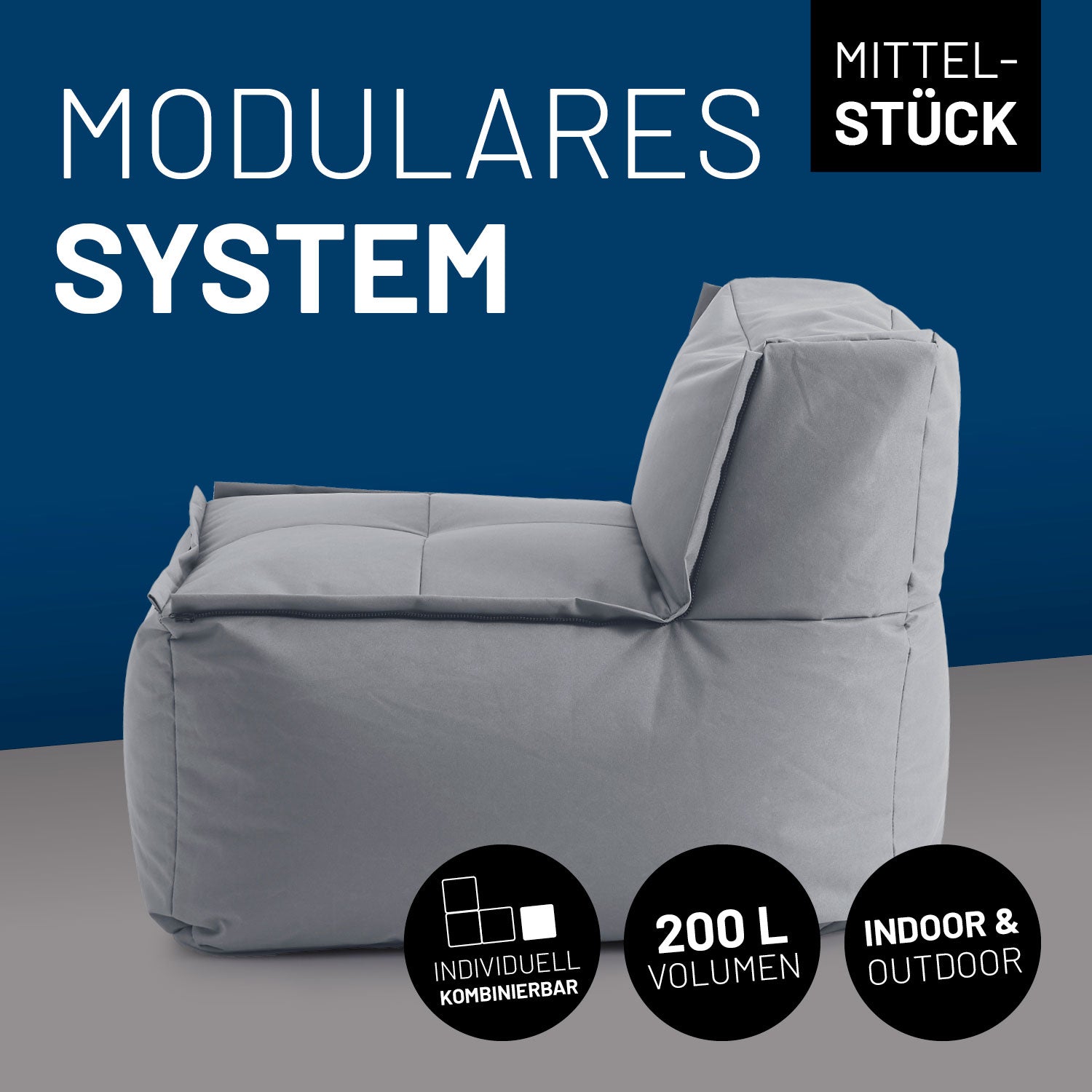 Sitzsack-Sofa Mittelstück (200 L) mit modularen System, grau, indoor & outdoor, extragroß, langlebig, pflegeleicht, mit verdeckten Reißverschlüssen.