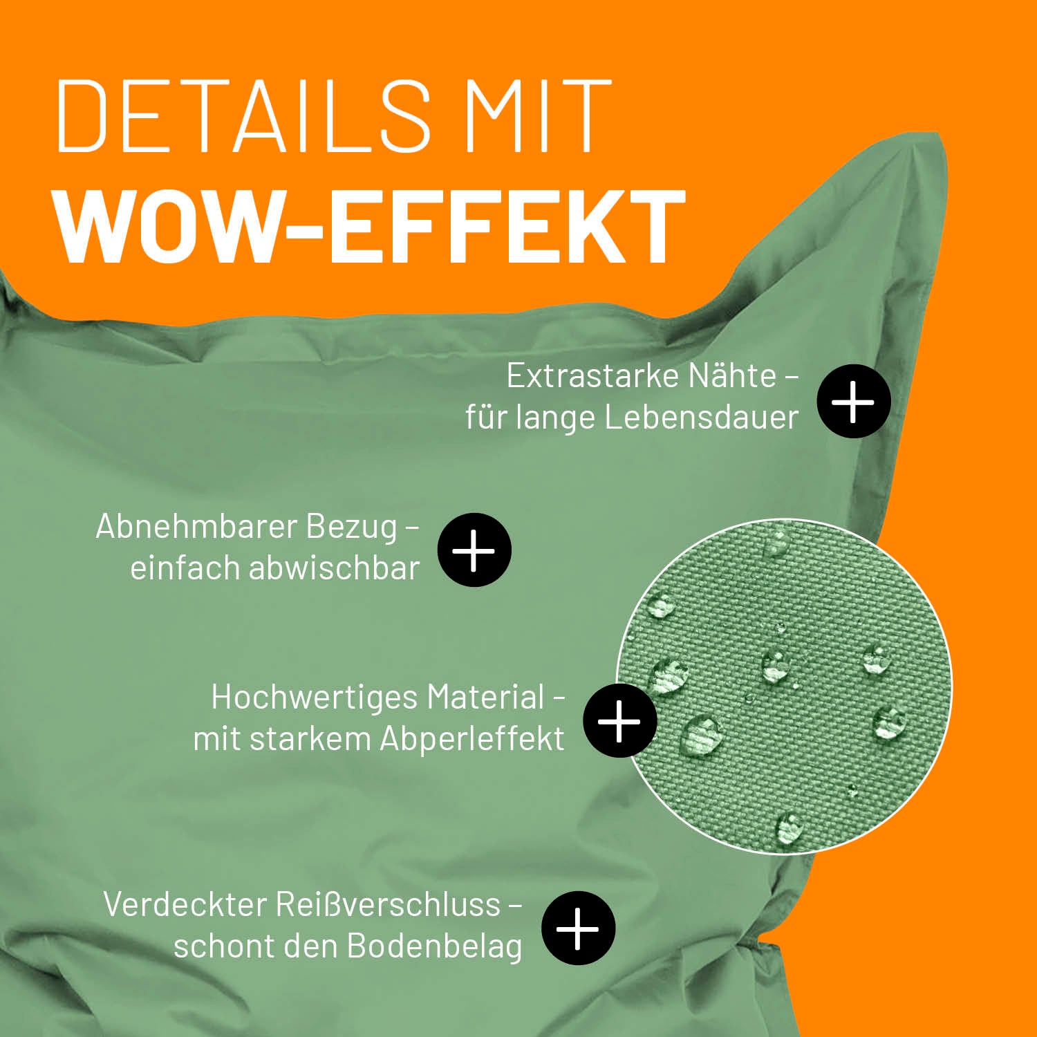 Sitzsack Classic XXL (380 L) - indoor & outdoor - Pastell Grün mit abnehmbarem Bezug, Abperleffekt, verdecktem Reißverschluss und extrastarken Nähten.