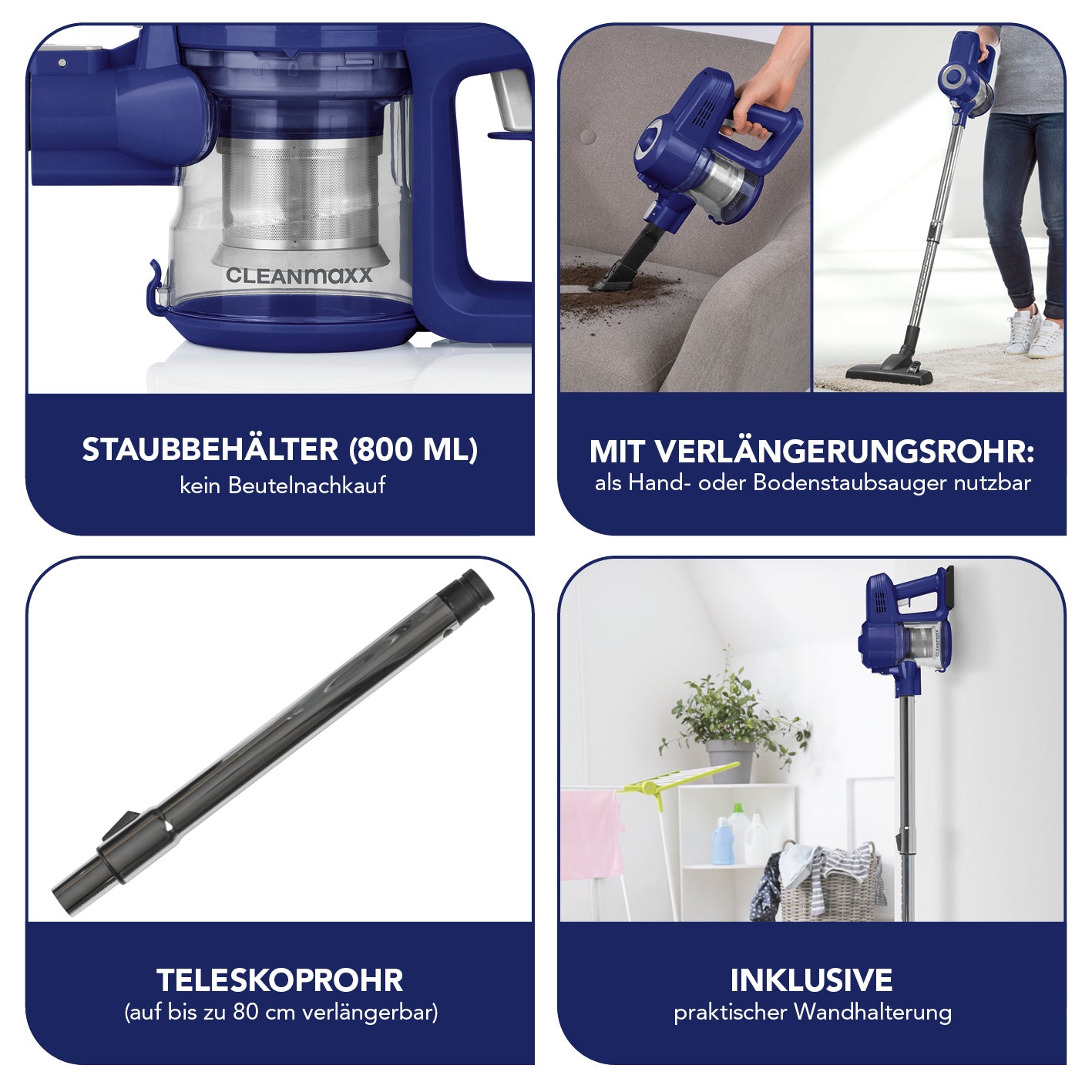 Akku-Zyklon-Staubsauger - blau/silber mit 800 ml Staubbehälter, Teleskoprohr bis 80 cm und praktischer Wandhalterung.