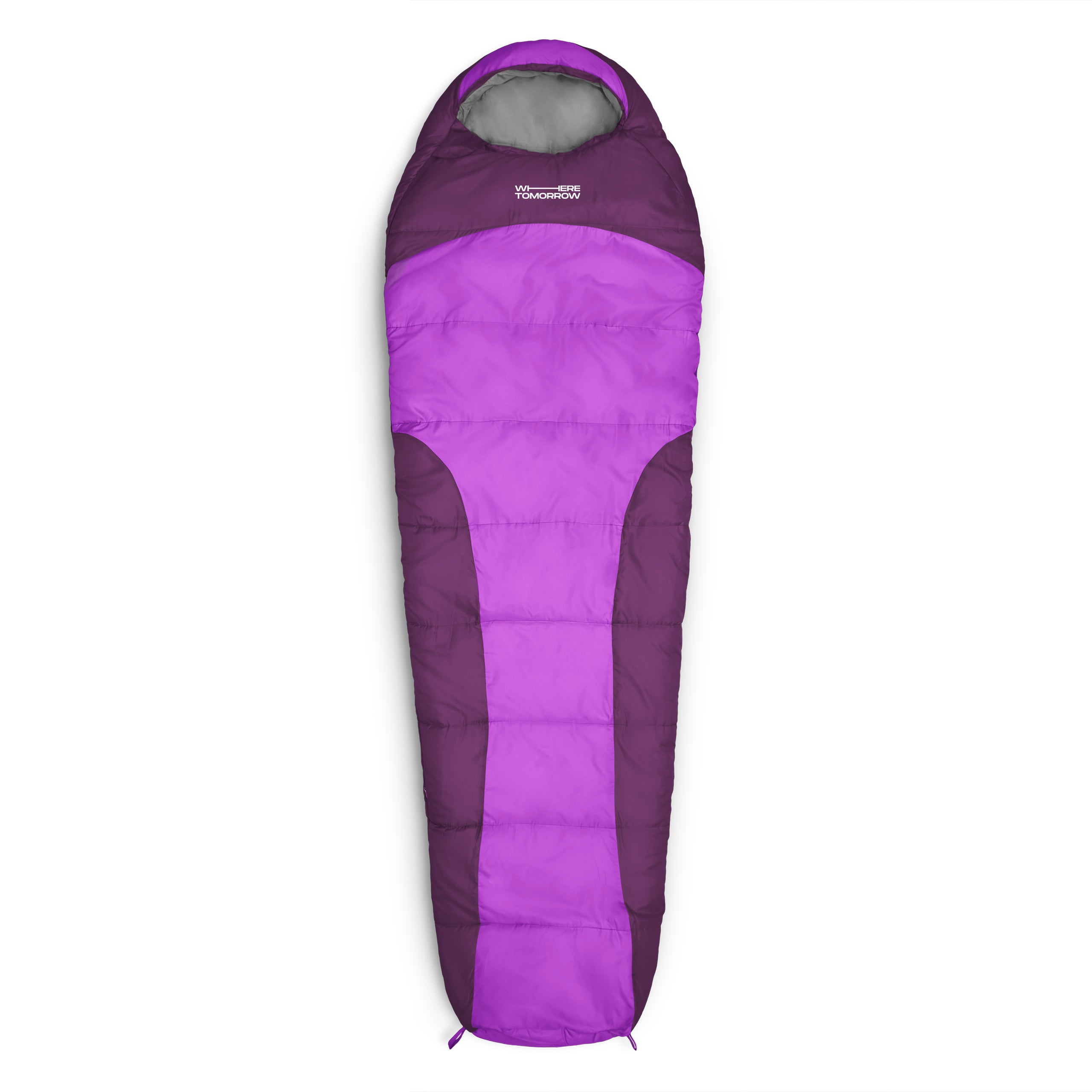 Camping Schlafsack Small & Light - Mumienschlafsack lila mit wasserabweisendem Material, Konturkapuze und praktischem Packsack.