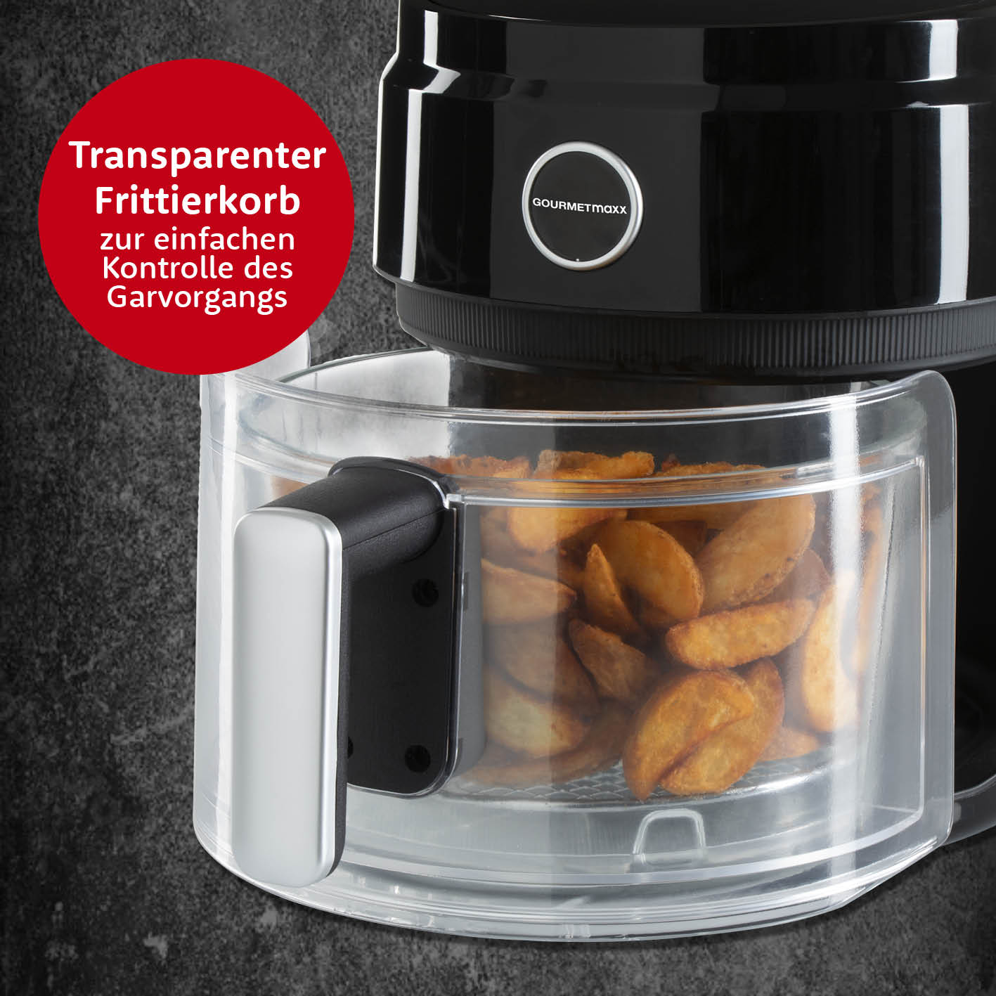 Heißluft-Fritteuse Digital mit Glas-Garkorb 3,3 l schwarz mit transparentem Korb für einfache Sichtkontrolle beim Garen.