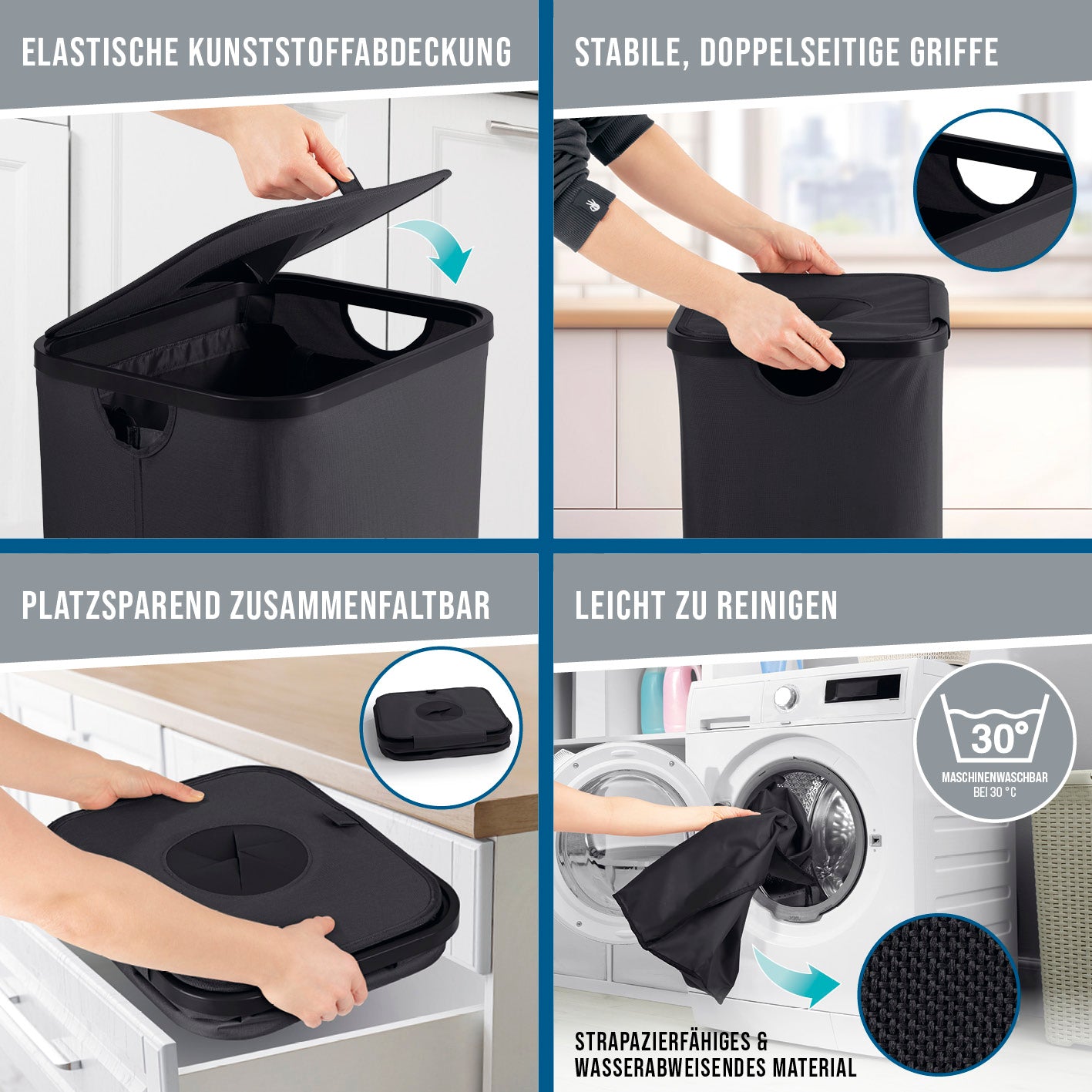 Pfandflaschen-Sammelbehälter - Schwarz, 100-l wasserabweisend, faltbar, mit elastischem Deckel und waschbaren Tragetaschen bis 30°C.