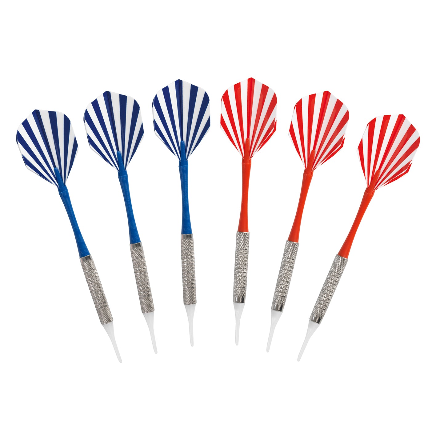 Dartscheibe mit 6 Pfeilen und 6 Ersatzspitzen plus Batterien, blau-rote Pfeile mit weißer Spitze für elektrisches Dartspiel.