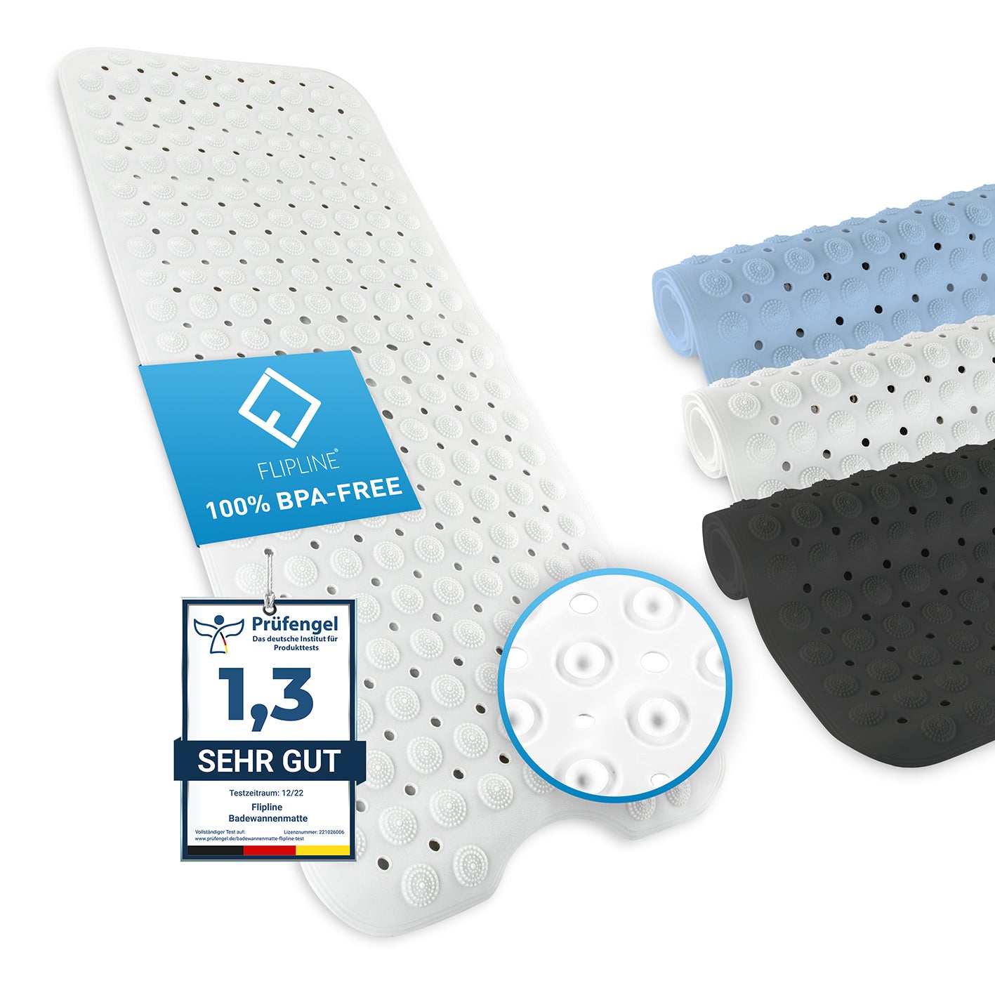 Badewannenmatte - Weiß - 100 x 40 cm, rutschfeste BPA-freie Badeeinlage aus TPE mit 200 Saugnoppen und waschbarer Struktur.