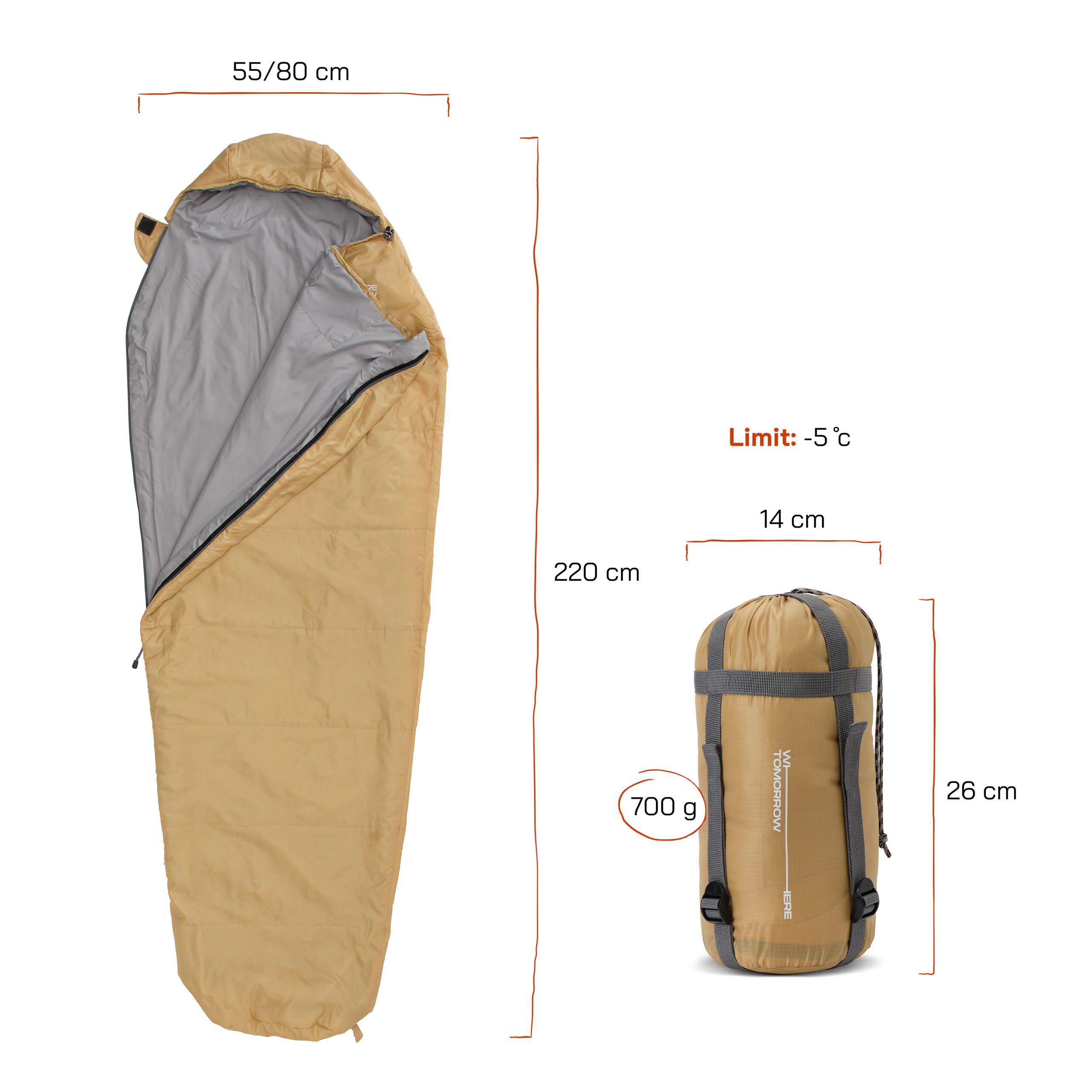 Camping Schlafsack Small & Light - Mumienschlafsack mit Tasche - 220 x 80 x 50 cm - Curry