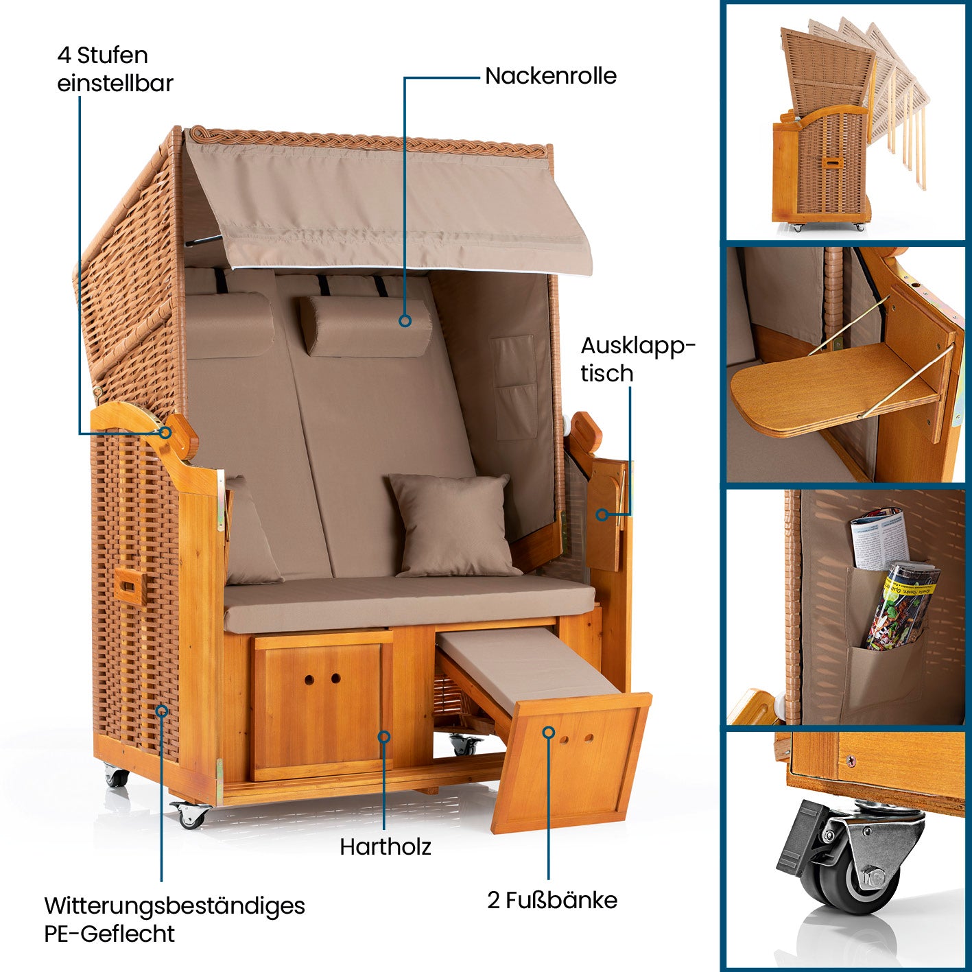 2-Sitzer-Strandkorb (Ostsee) mit Rollen aus Hartholz und PE-Geflecht, verstellbar, mit Nackenrolle, Fußbänken und Klapptisch.