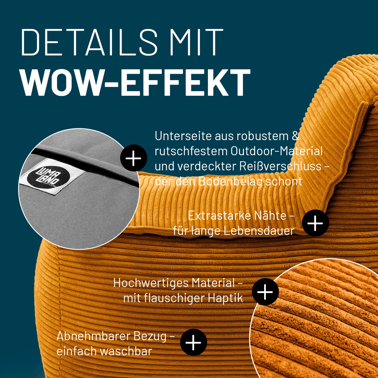 Modulares Mittelteil aus der Cord-Reihe - Senfgelb mit robustem Outdoor-Boden, abnehmbarem Bezug und hochwertigem, flauschigem Material.