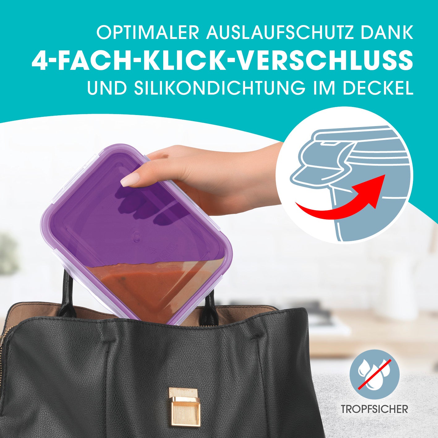 Frischhaltedosen Klick-it 72-tlg. lila/pink/türkis mit 4-fach-Klick-Verschluss und Silikondichtung, tropfsicher und auslaufsicher.