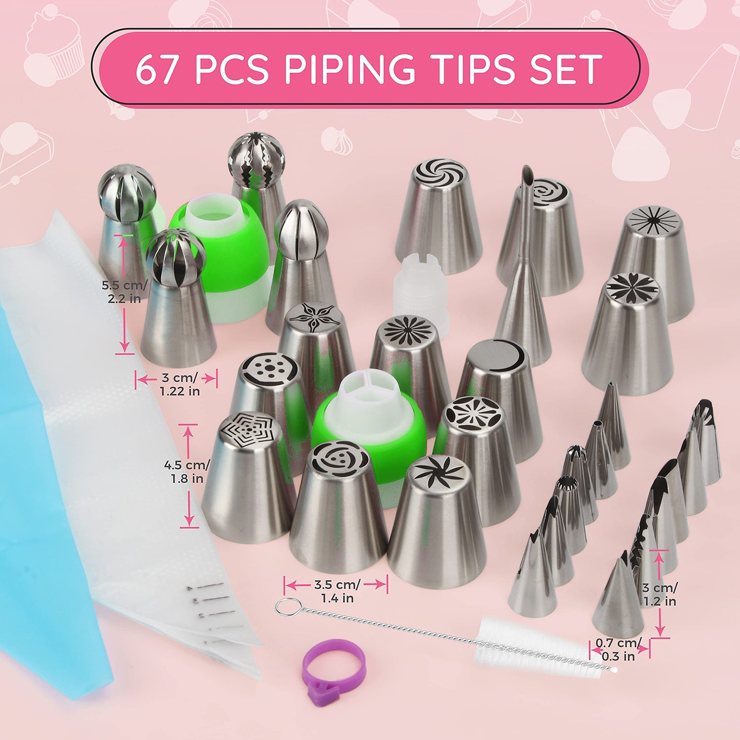 Spritzbeutel-Set mit Tüllen - 67-tlg. mit verschiedenen Edelstahltüllen, Reinigungsbürste und Spritzbeuteln in Geschenkbox