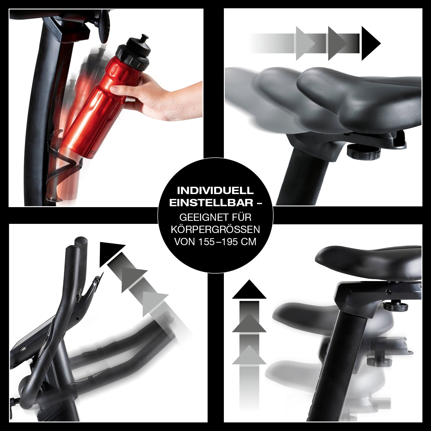 Heimtrainer Smart mit individuell einstellbarem Sattel, Flaschenhalter und ergonomischem Design für Körpergrößen bis 195 cm.