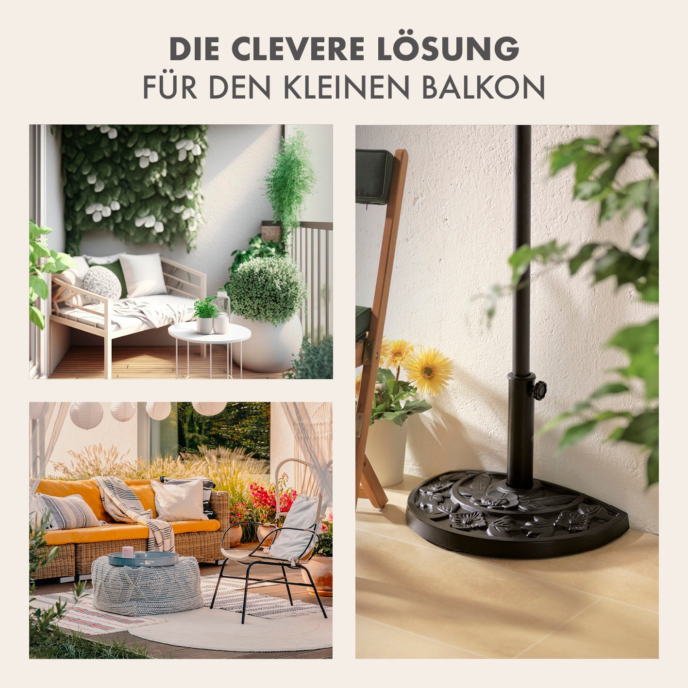 Sonnenschirm mit UV-Schutz mit Sonnenschirmfuß - halbrund 270x140 cm - beige