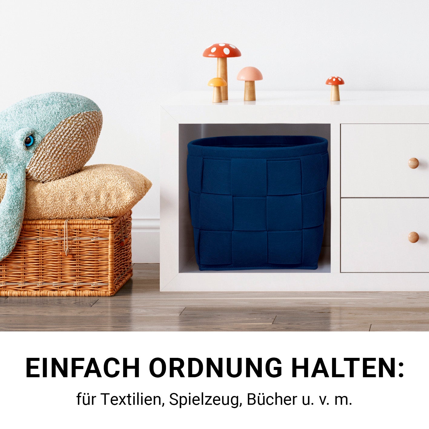 Filz-Aufbewahrungstasche M - 35 x 25 x 25 cm - Dunkelblau, faltbarer Filzkorb mit stabilen Griffen für Ordnung im Haushalt.