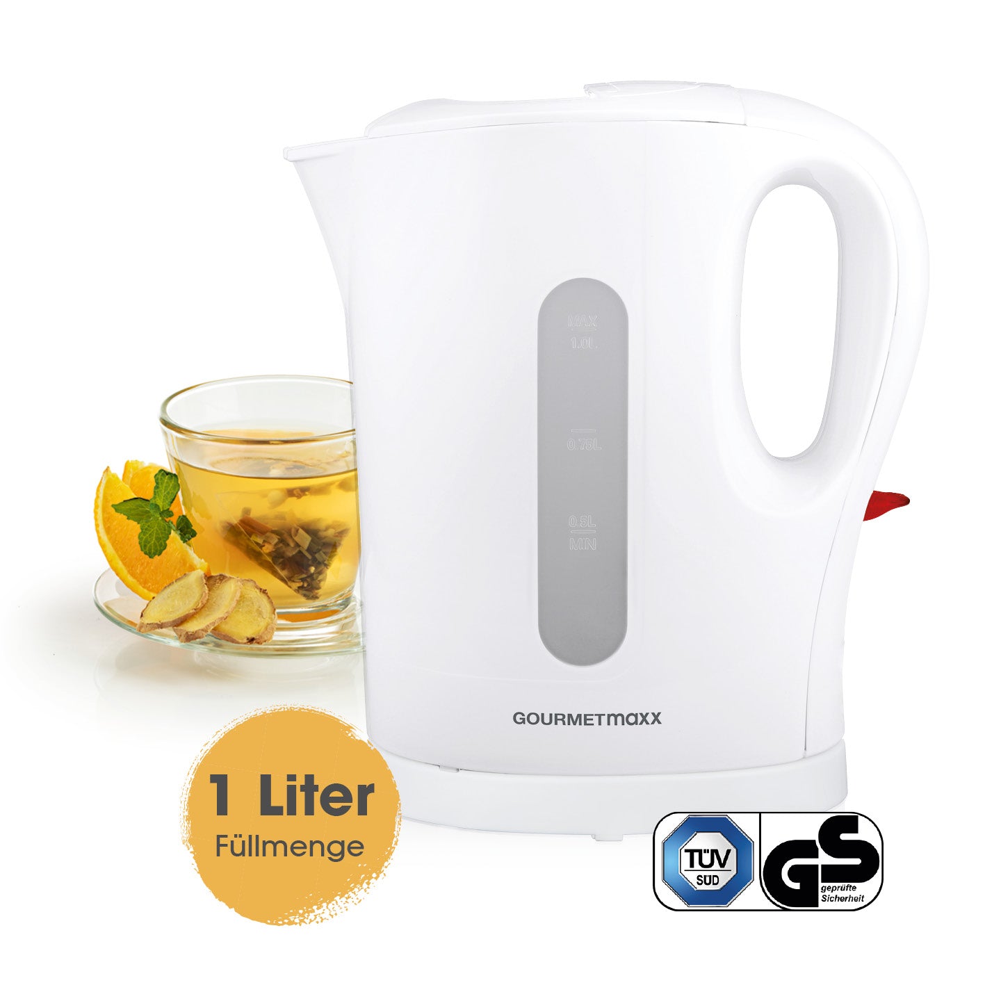 GOURMETmaxx Wasserkocher 1l - weiß/grau mit kabellosem Wasserbehälter und praktischer Wasserstandsanzeige, 1 Liter Fassungsvermögen.