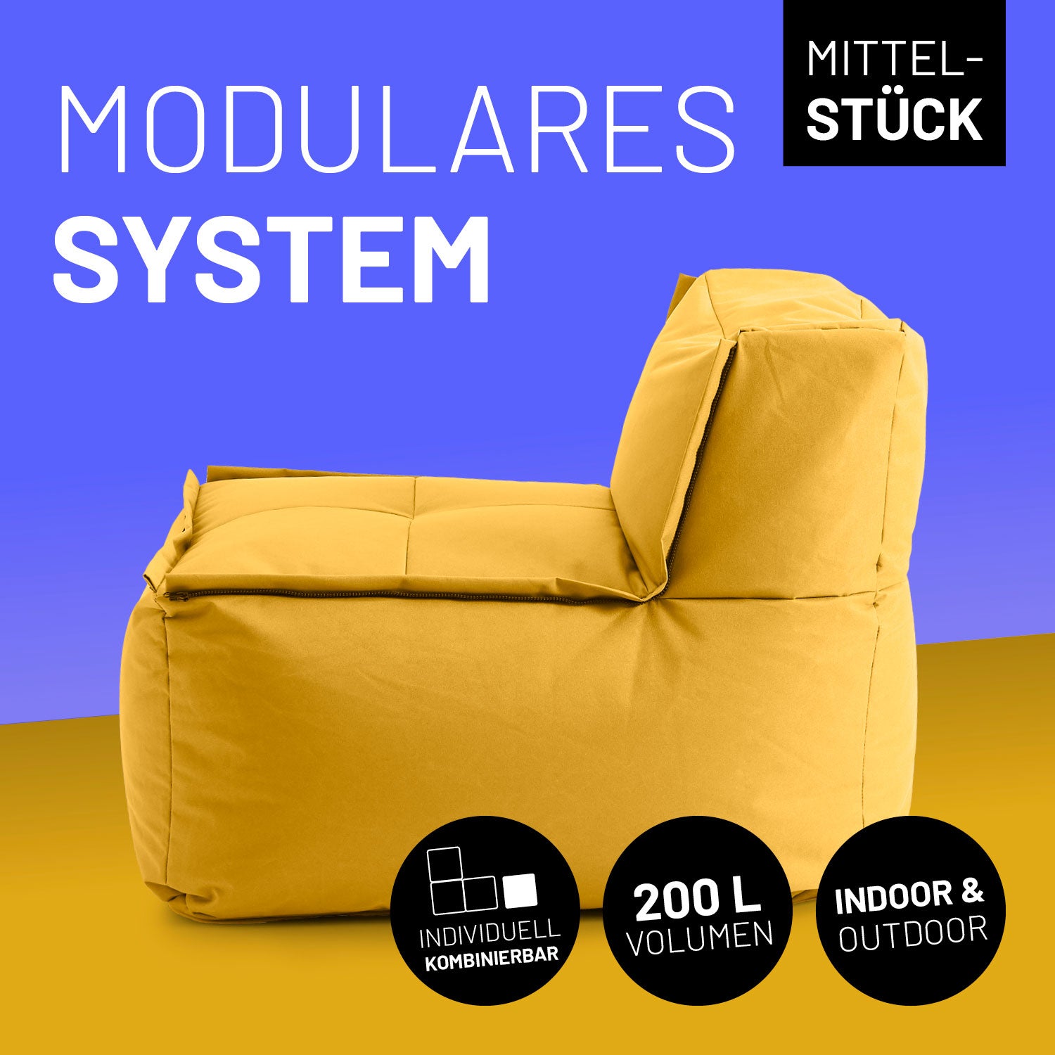 Sitzsack-Sofa Mittelstück (200 L) - Modulares System, vielseitig kombinierbar, für indoor & outdoor, Farbe Senfgelb, robust und komfortabel.