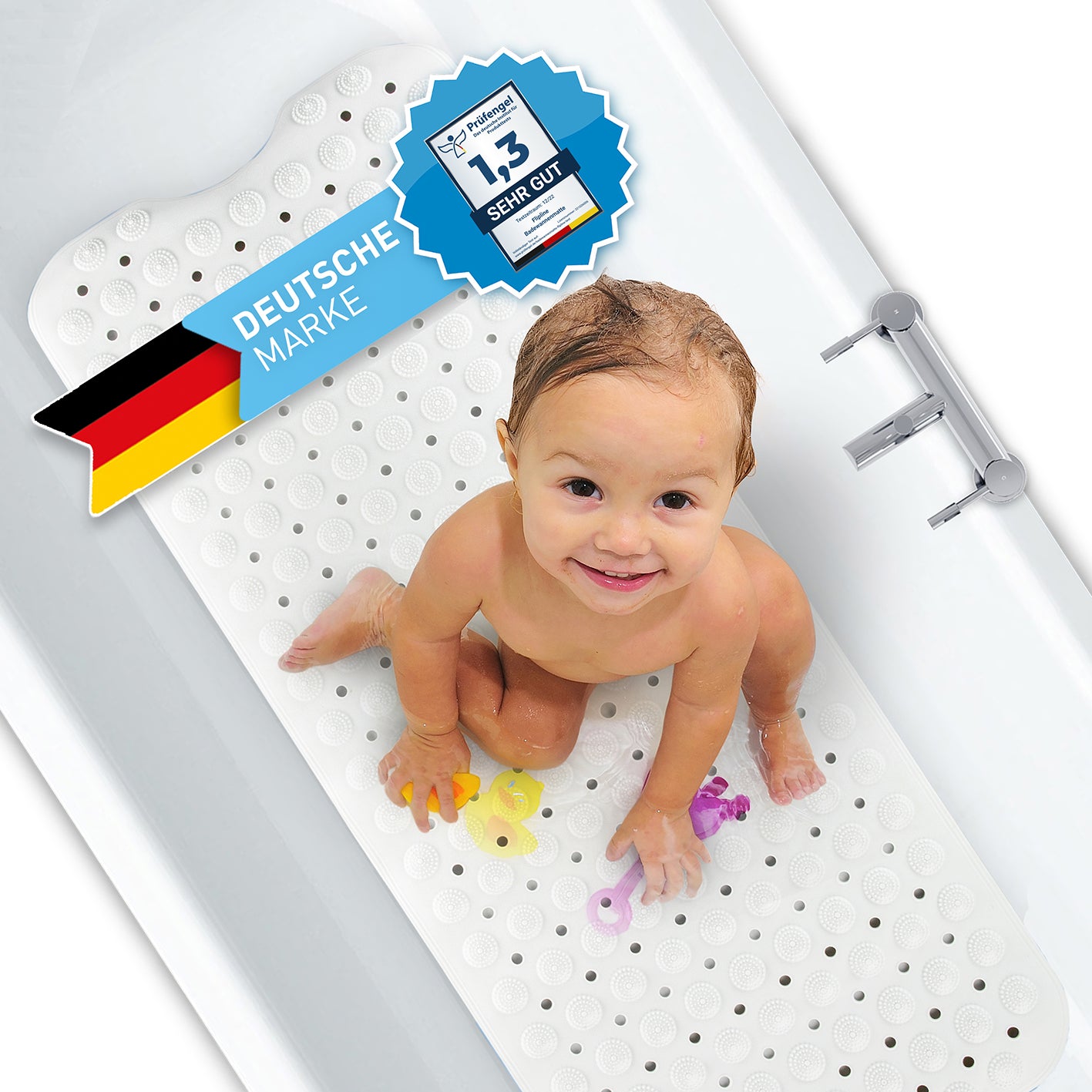 Badewannenmatte - Weiß - 100 x 40 cm mit rutschfester Oberfläche und 200 Saugnoppen, sicher und BPA-frei für Kinder geeignet.