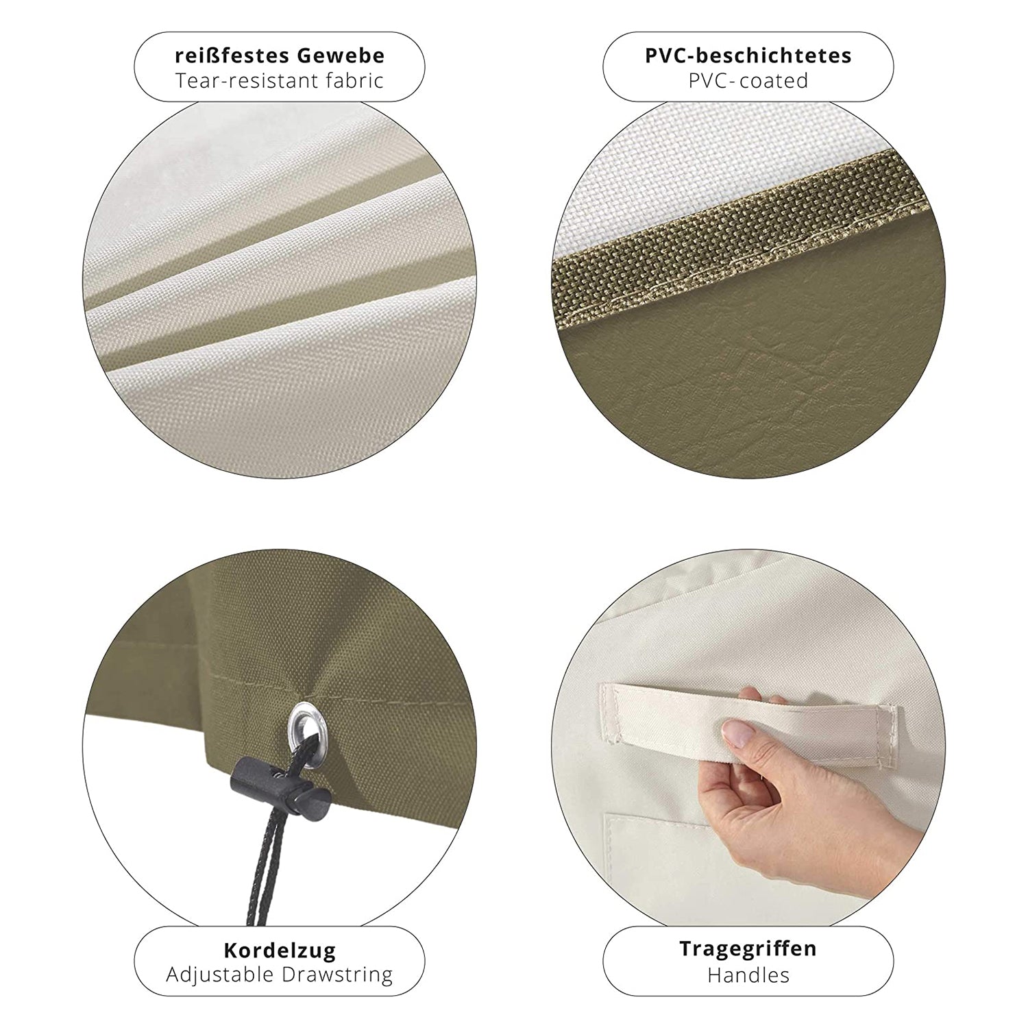 Abdeckung für gestapelte Patio Stühle - 85 x 65 x 80/119 cm - Beige aus reißfestem, PVC-beschichtetem Gewebe mit Kordelzug und Tragegriffen.