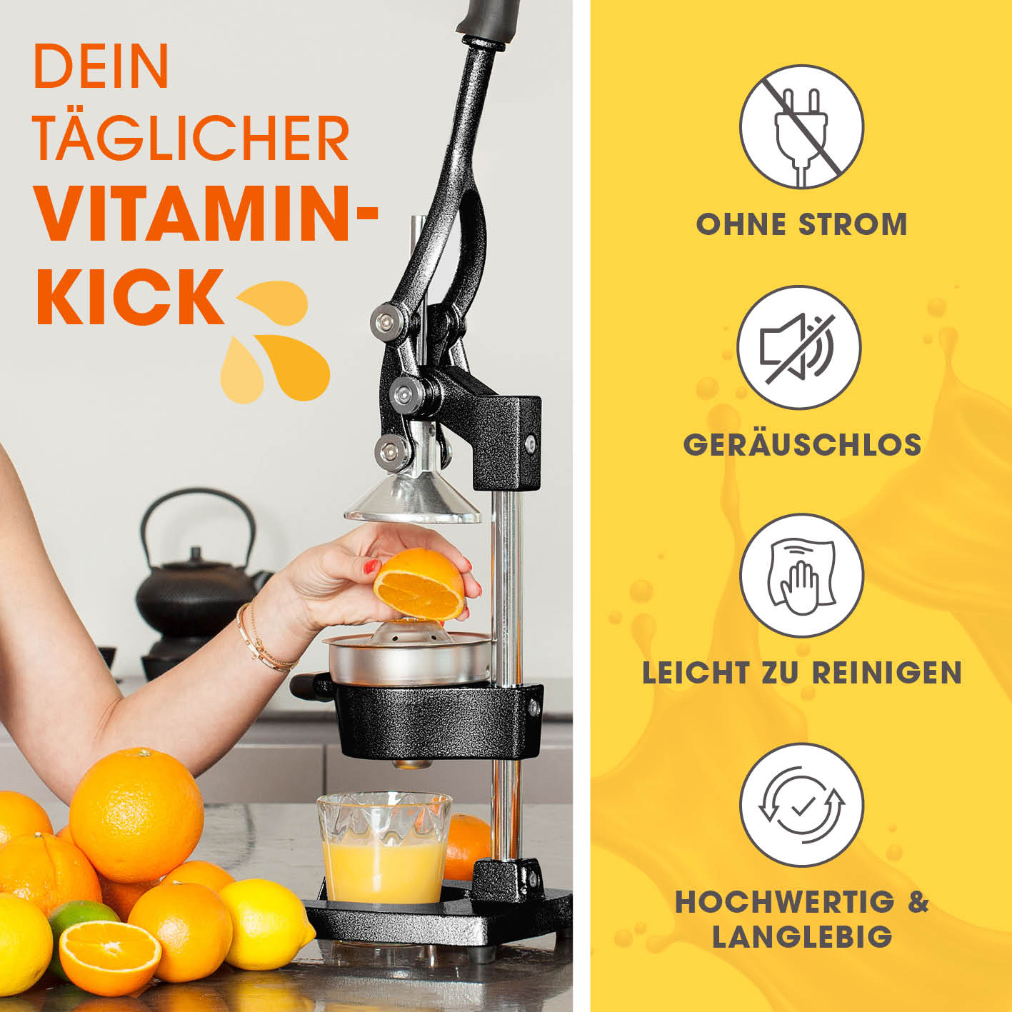 Manuelle Saftpresse - Schwarz/Silber zum mühelosen Entsaften von Zitrusfrüchten ohne Strom, geräuschlos und leicht zu reinigen.