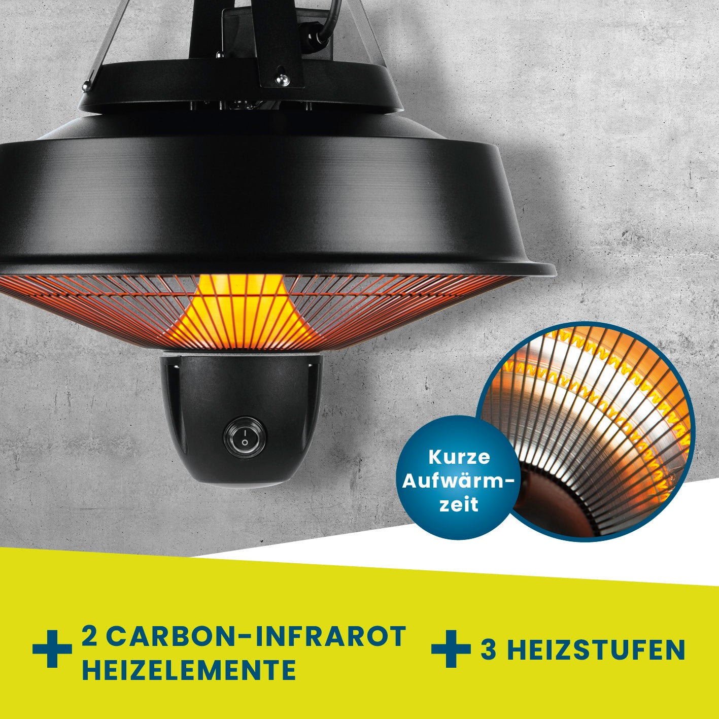 Infrarot-Deckenheizstrahler mit 3 Heizstufen, 2 Carbon-Infrarot-Heizelementen und kurzer Aufwärmzeit für drinnen und draußen.