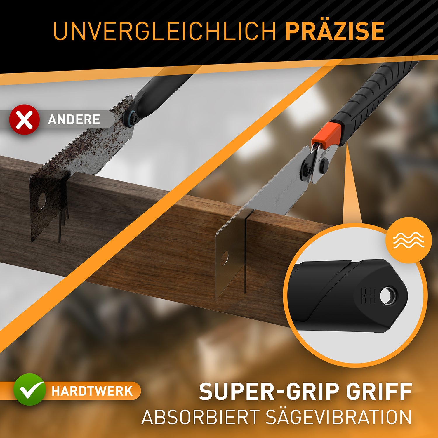 Japansäge aus Karbonstahl - Klappbare Feinsäge mit Super-Grip Griff für präzise und vibrationsarme Schnitte.