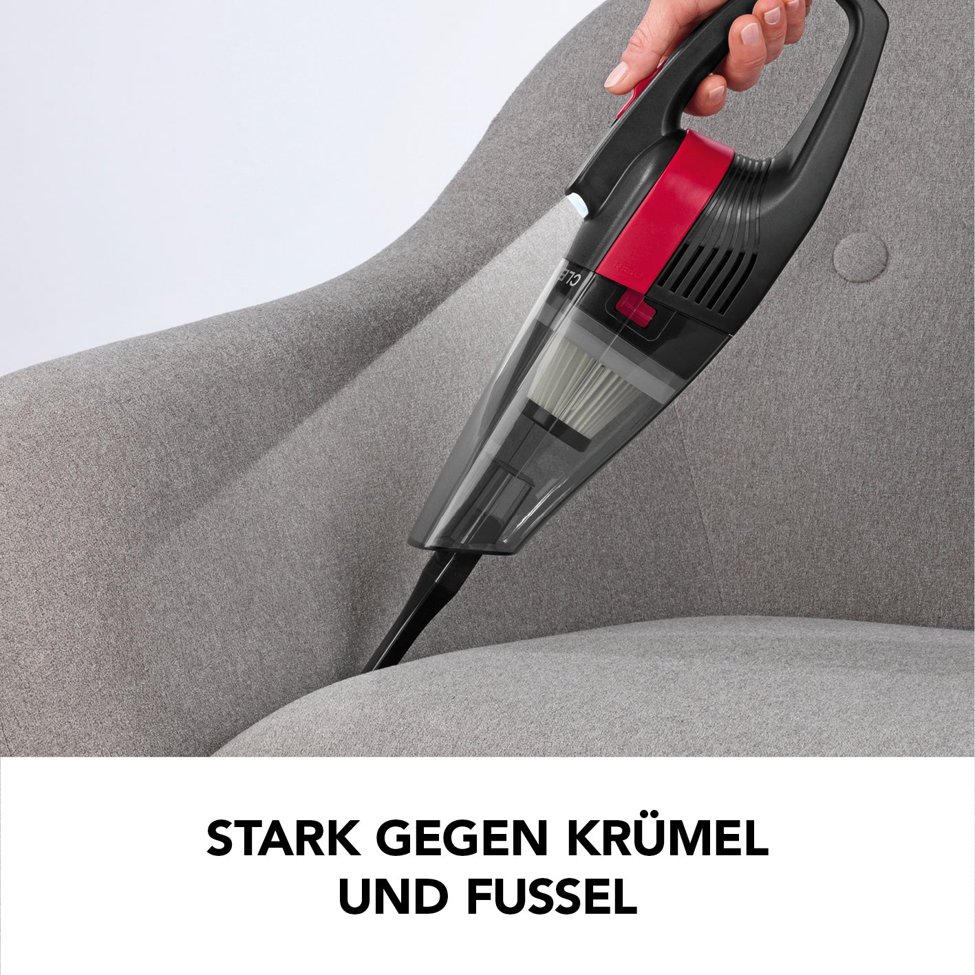 Akku-Handstaubsauger - grau/rot mit Fugendüse reinigt sauber schwer erreichbare Stellen und entfernt Krümel und Fussel schnell und effizient.