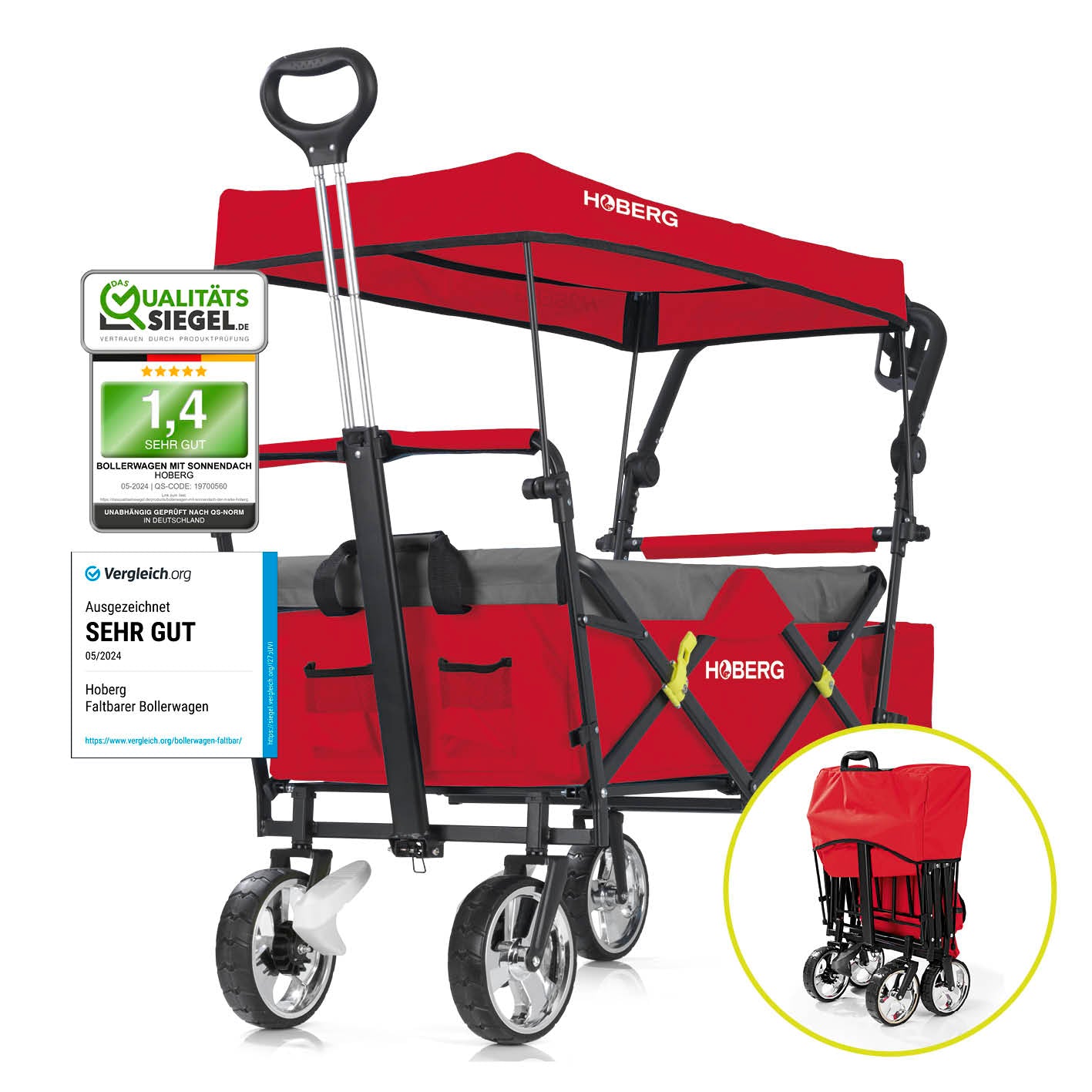 Faltbarer Bollerwagen - Rot von Hoberg, robust, mit Sonnendach, 80 kg Traglast, zusammenklappbar, ideal für Ausflüge und Outdoor.