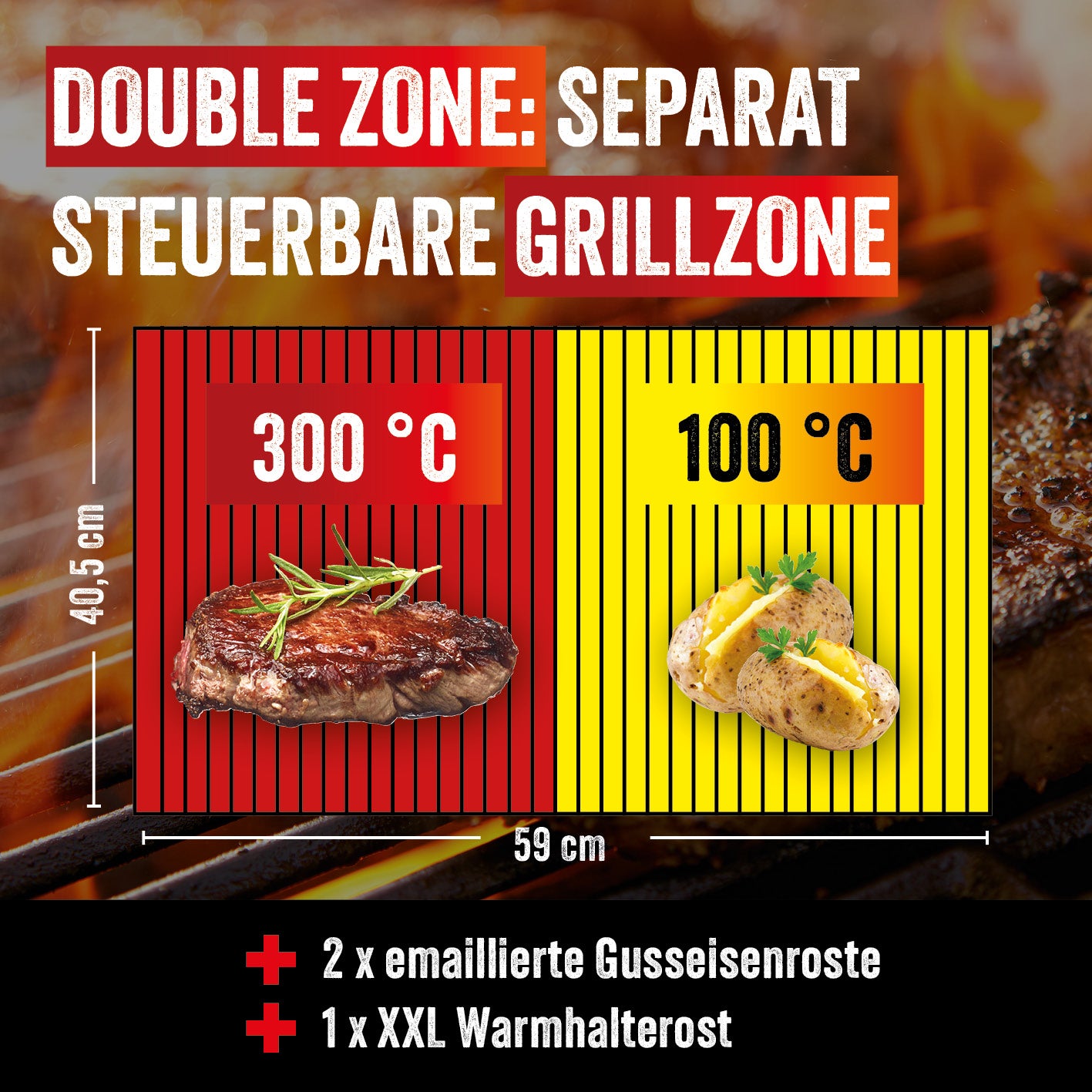VOLTRIS Elektro-Grillwagen - Edelstahl mit zwei separat steuerbaren Grillzonen und emaillierten Gusseisenrosten für vielseitiges Grillen.