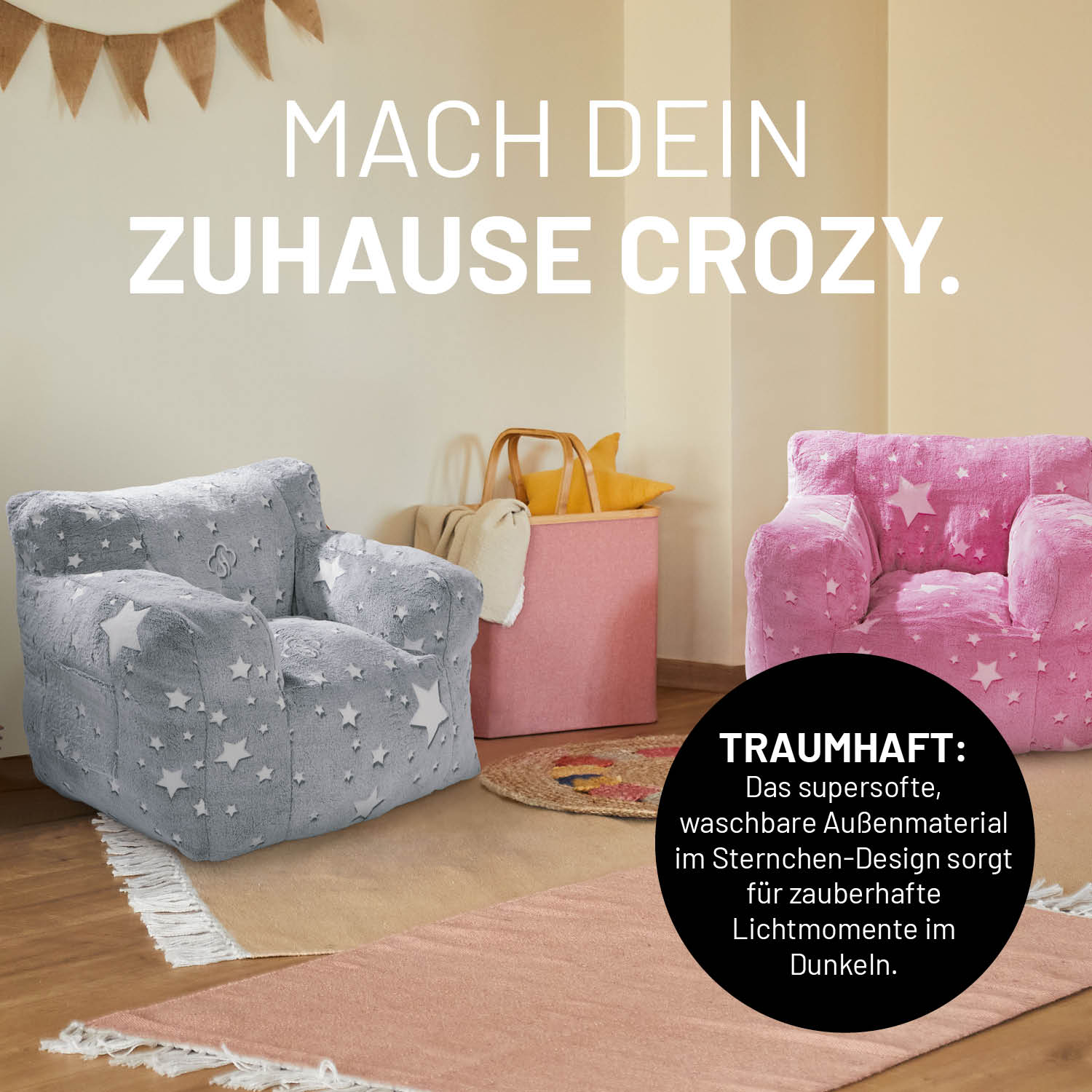 Sessel „Glow in the Dark“ - Grau mit leuchtendem Sternen-Design, weich, pflegeleicht und perfekt für Kinderzimmer zum Kuscheln und Chillen.