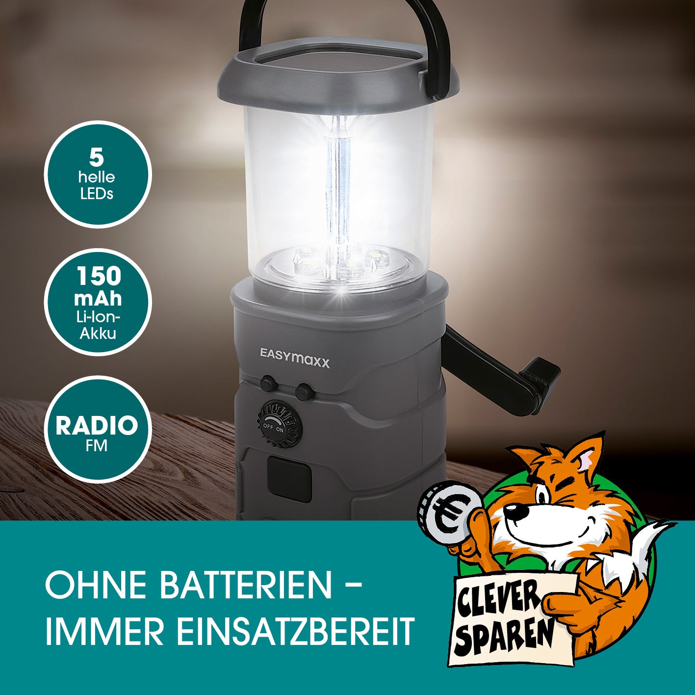 Akku-Lampe mit Radio - Lädt über Solar, Kurbel und USB