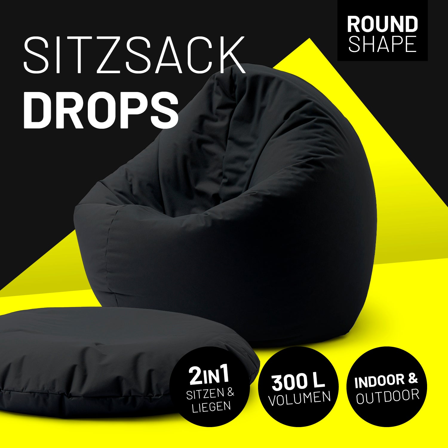 Sitzsack Drops (300 L) – schwarzer, multifunktionaler Sitzsack für drinnen & draußen, mit 2in1 Sitz- und Liegefunktion.