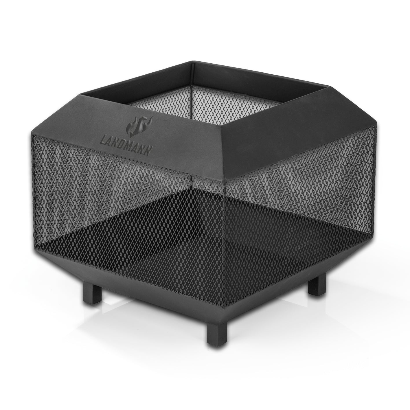 Feuerkorb Cube aus pulverbeschichtetem Stahl mit Netzoptik, stabilem Stand und Funkenschutz für Garten und Terrasse.